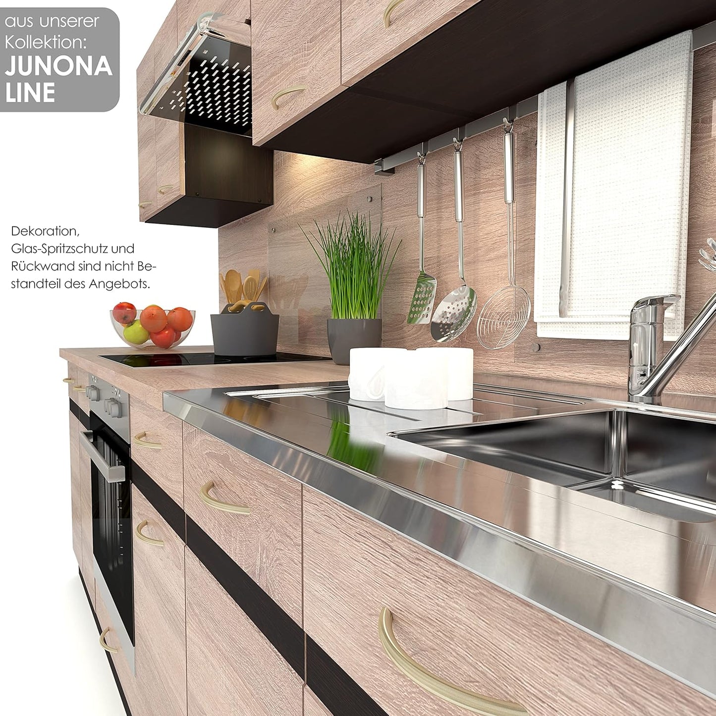 FIWODO Kitchen Unit with Electrical Appliances Extendible Kitchen in Sonoma Oak 240 cm with Sink, Mixer Tap, Cooker, Oven, Extractor Hood