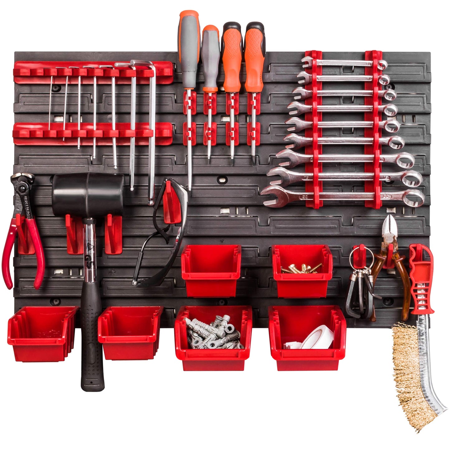 Storage System Wall Shelf 115 x 78 cm, Tool Holders, 23 Pieces Stacking Boxes Storage Boxes Extra Strong Wall Shelves Expandable Workshop Shelving Workshop Shelf
