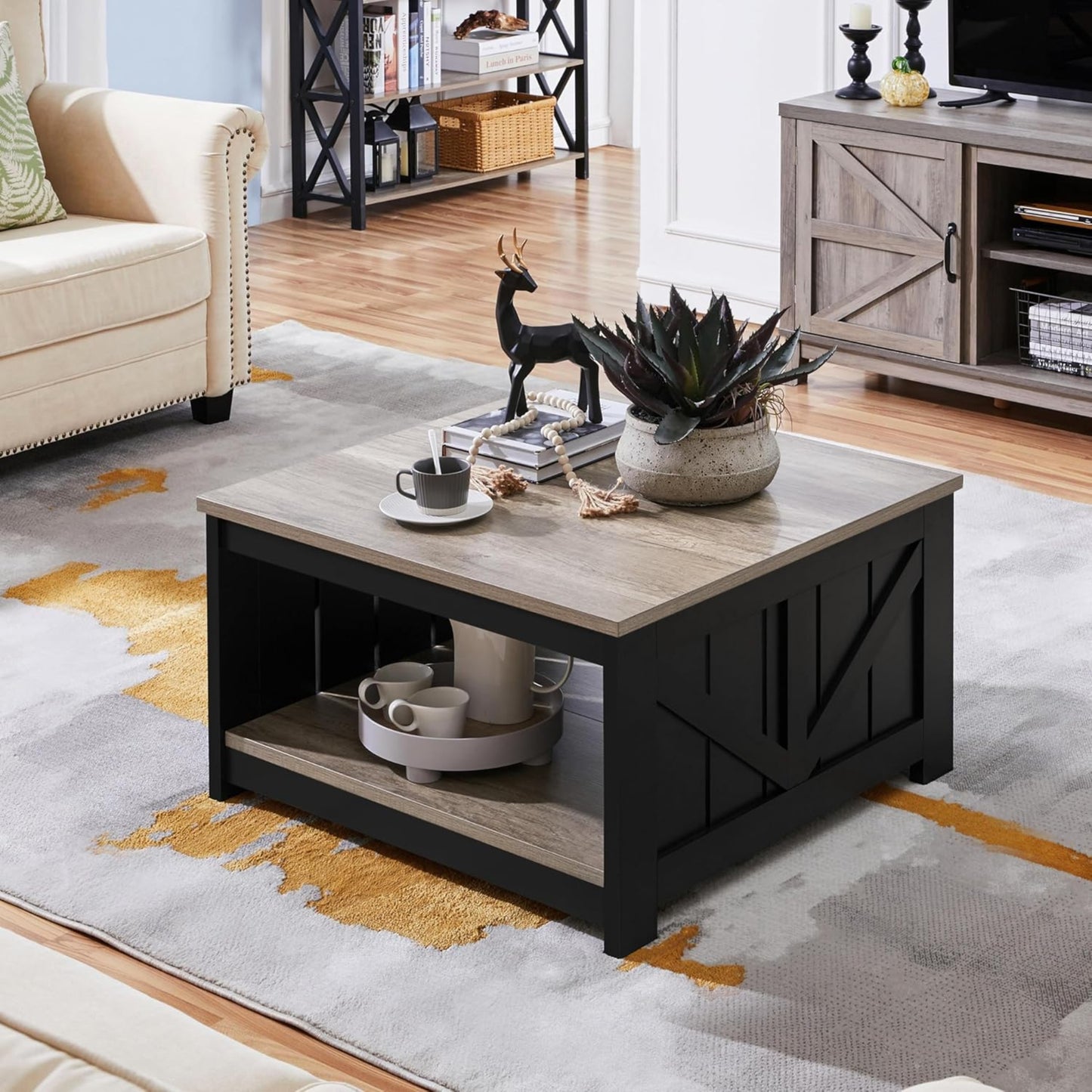 Yaheetech Coffee Table Square Sofa Table Modern Living Room Table with Storage Compartment Side Table for Living Room / Office 80 x 80 x 45 cm