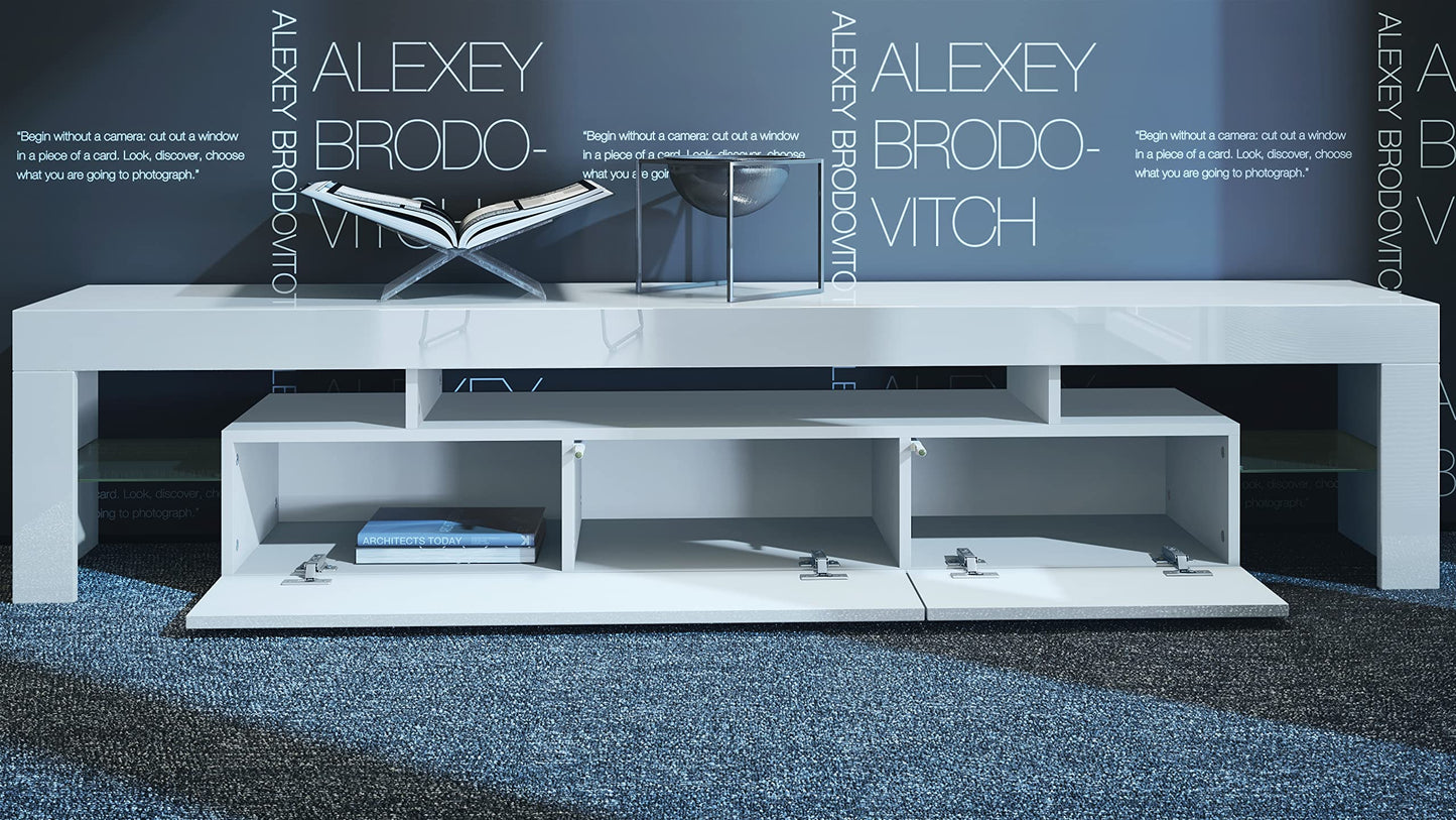 Vladon TV Stand Unit Lima V2, Carcass in White/Front in Black High Gloss