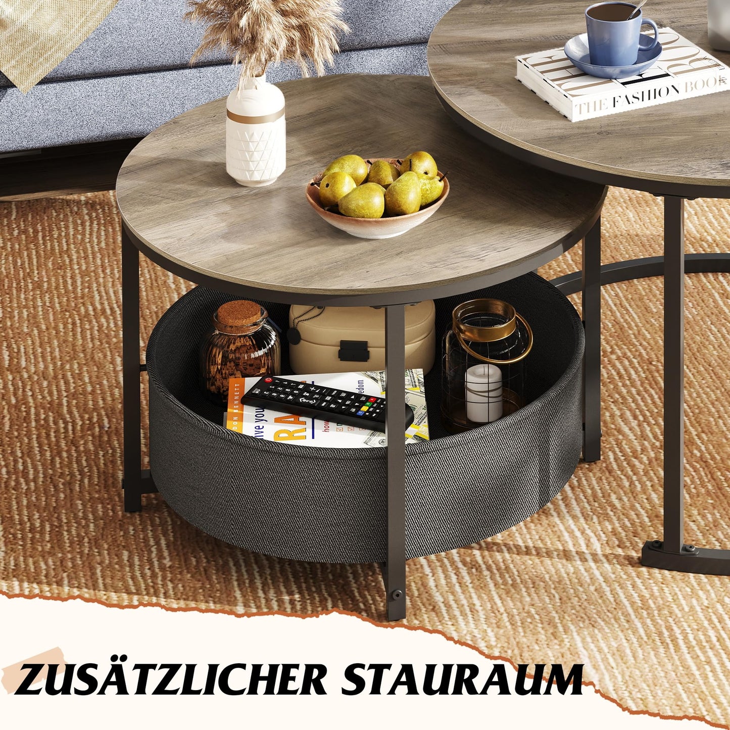 WLIVE Round Coffee Table, Set of 2, Modern Living Room Table, Round, Side Table with Fabric Basket, 80 cm Diameter Couch Table for Bedroom, Home Office (Grey Oak)