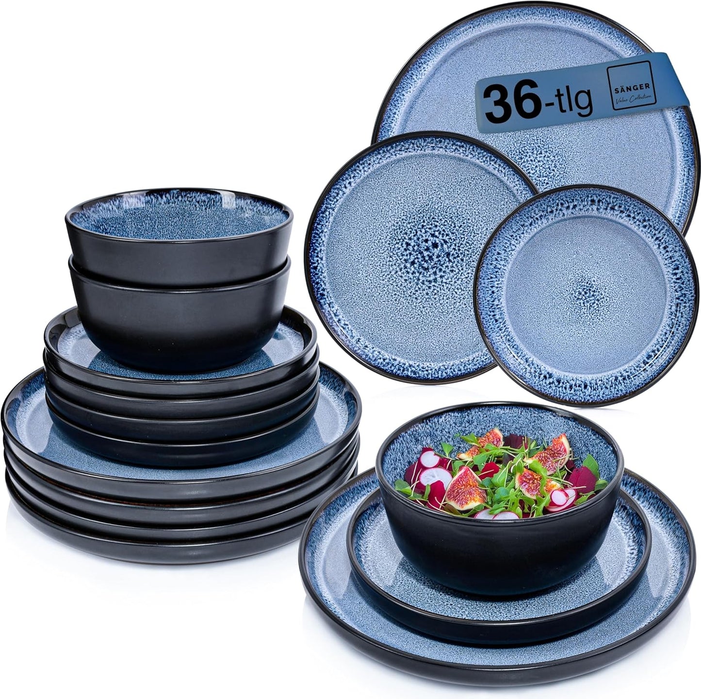 SÄNGER Manila Dinner Service for 6 People, Plate Set, Coffee Mug, Pasta Bowl, 30 Pieces, Stoneware Crockery Set, Dishwasher, Microwave, Scratch-Resistant, Blue with Black Rim, Value Collection