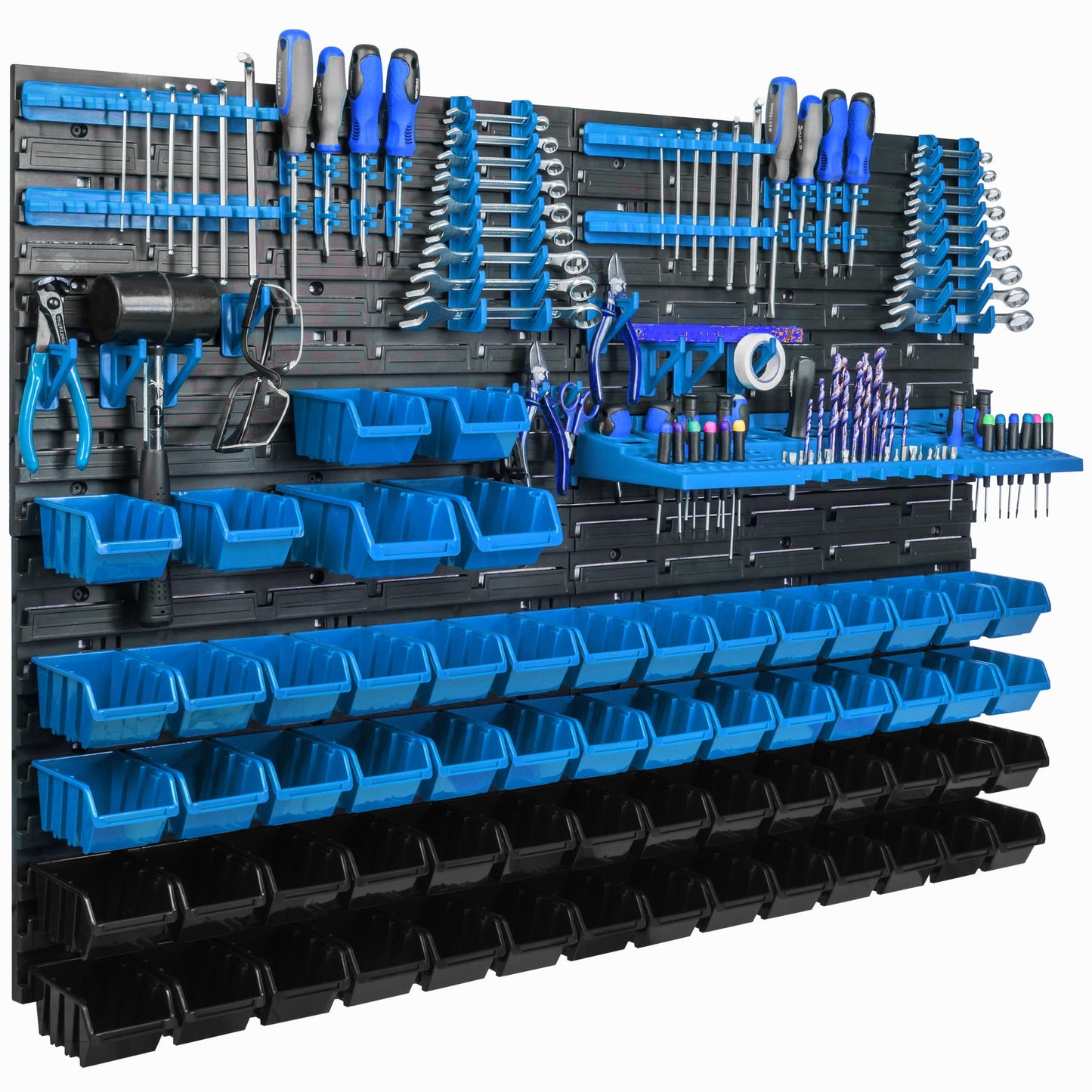 Storage System Wall Shelf 115 x 78 cm, Tool Holders, Pack of 56 Stacking Boxes, Storage Boxes, Extra Strong Wall Plates, Shelf Expandable, Workshop Shelf, Storage Shelf, Workshop Wall Shelf