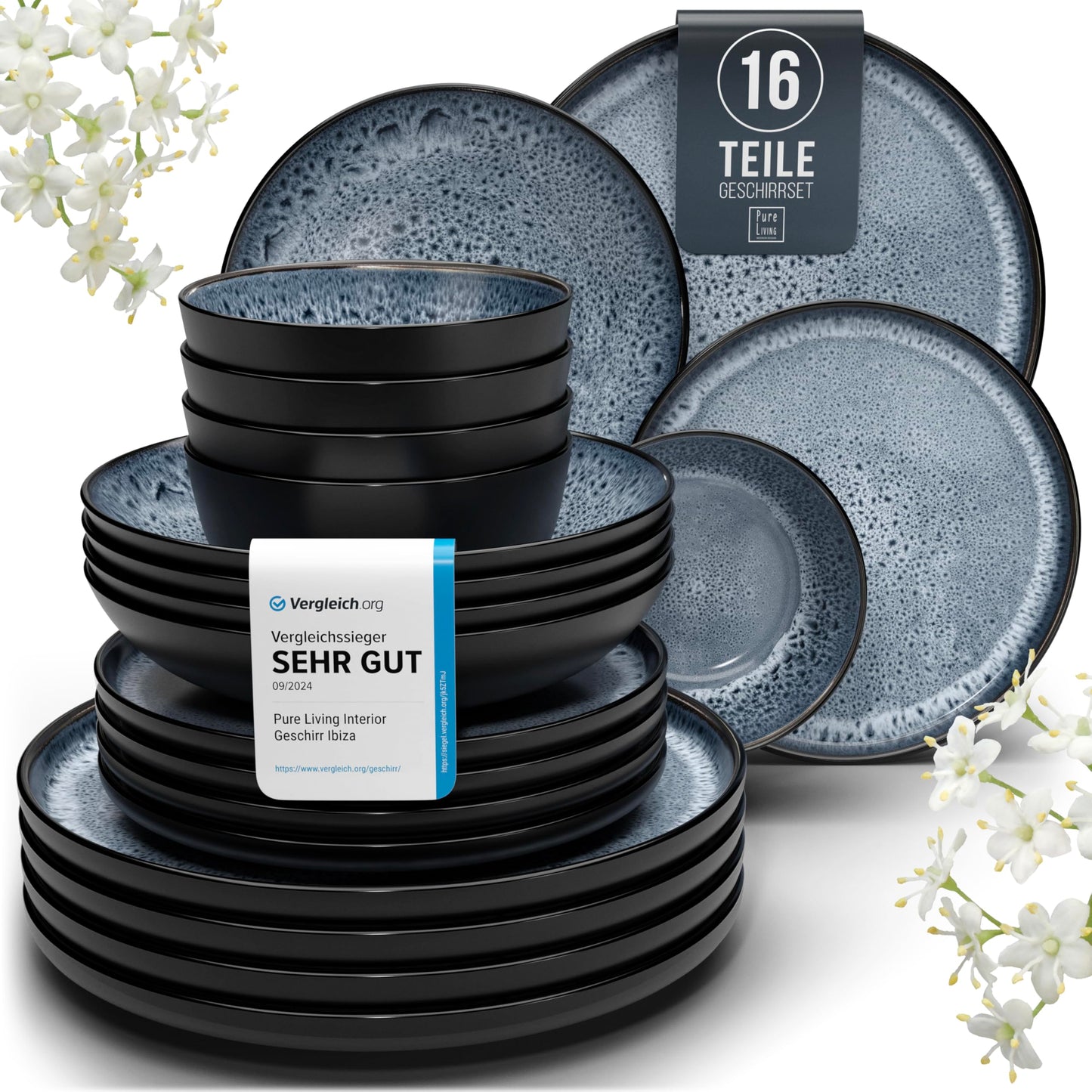 Ibiza Stoneware Crockery Set for 12 People, 48 Pieces, Test Winner, Dreamlike Mediterranean Stoneware Crockery Set, Bowl and Plate Set, Dinner Service for 12 People, Pure Living Crockery Sets in Deep