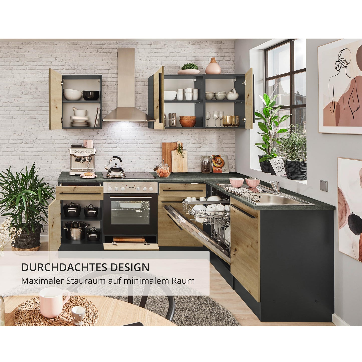 Jazz 8 Modern Corner Kitchen without Electrical Appliances in White High Gloss, Metallic Grey - Spacious Kitchen Unit in L-Shaped with Lots of Storage Space - 220 x 211 x 60 cm (W x H x D)