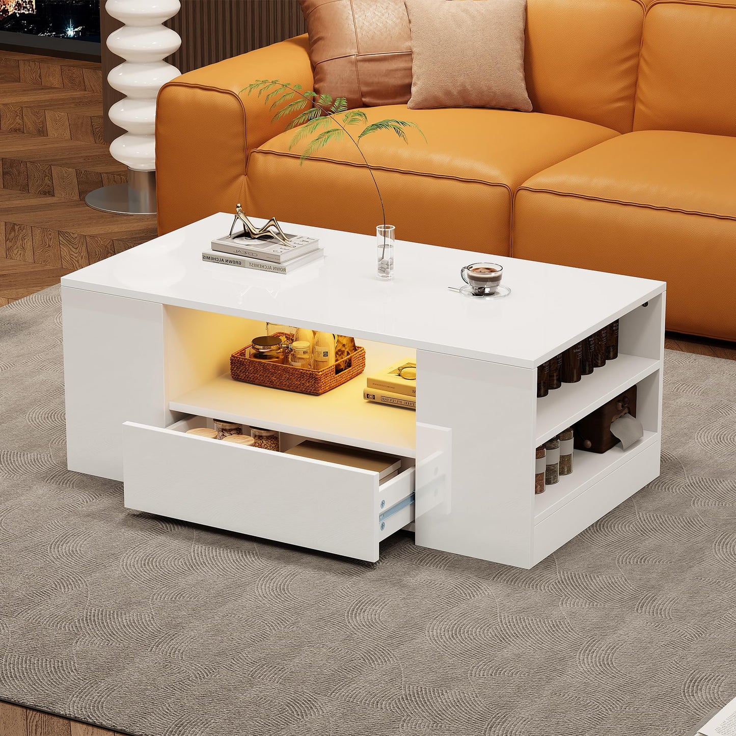 Merax High Gloss Coffee Table with LED, Modern Living Room Table with Storage Drawers, Multifunctional Side Table for Living Room, Rectangular Centre Table, Sofa Table, Coffee Table, Office, Black