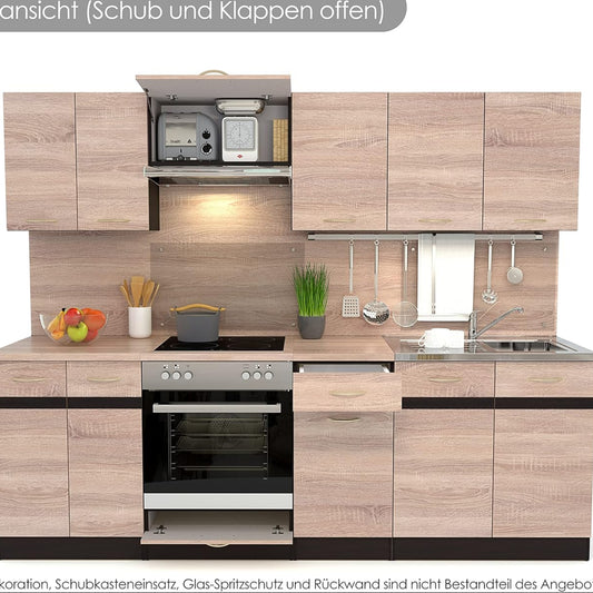 FIWODO Kitchen Unit with Electrical Appliances Extendible Kitchen in Sonoma Oak 240 cm with Sink, Mixer Tap, Cooker, Oven, Extractor Hood