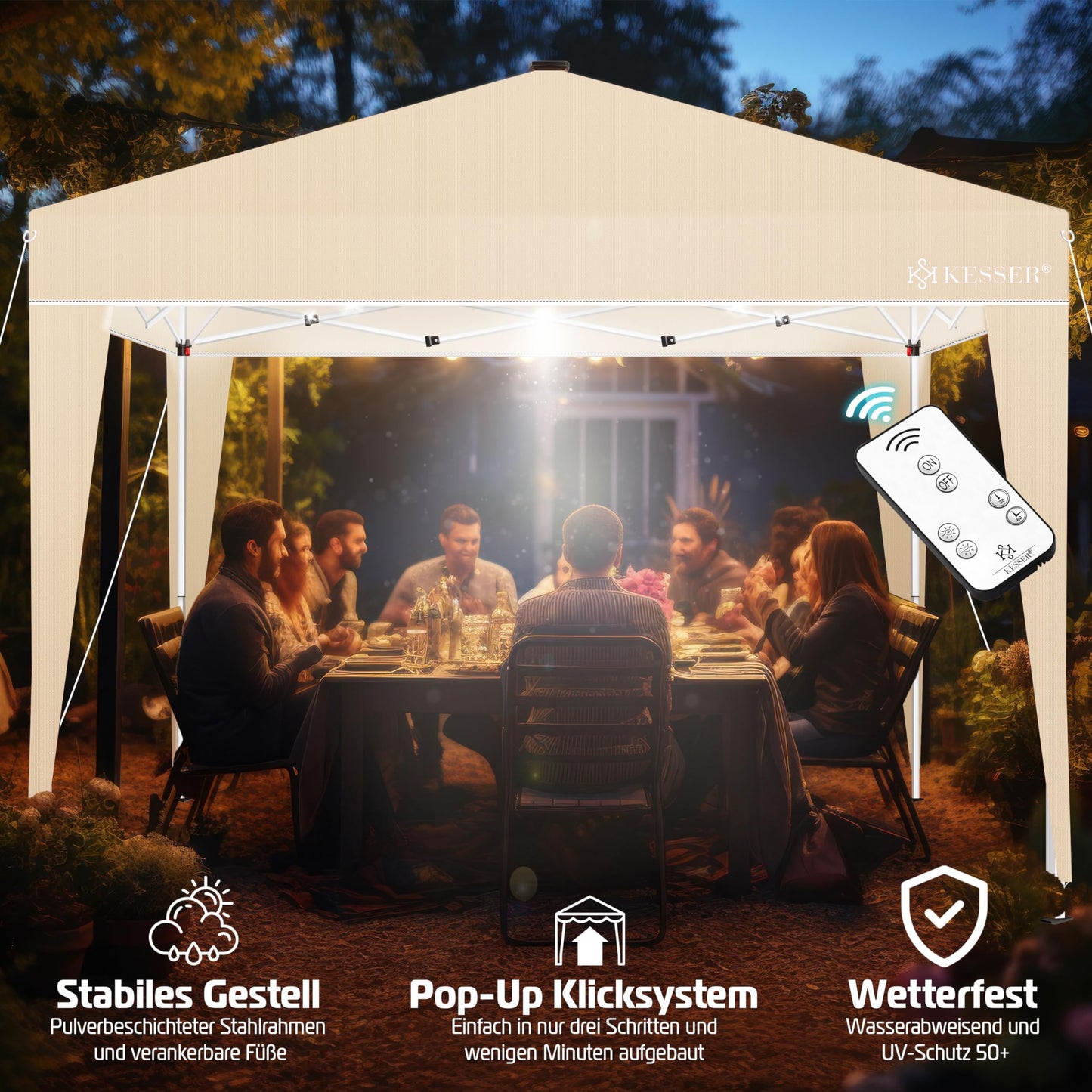 KESSER® Folding Gazebo 3 x 3 m with LED Lighting, Pop-Up Garden Gazebo, Height Adjustable, Stable, Waterproof, Winterproof, Party Tent, Marquee, UV Protection 50+, Includes Remote Control and Bag