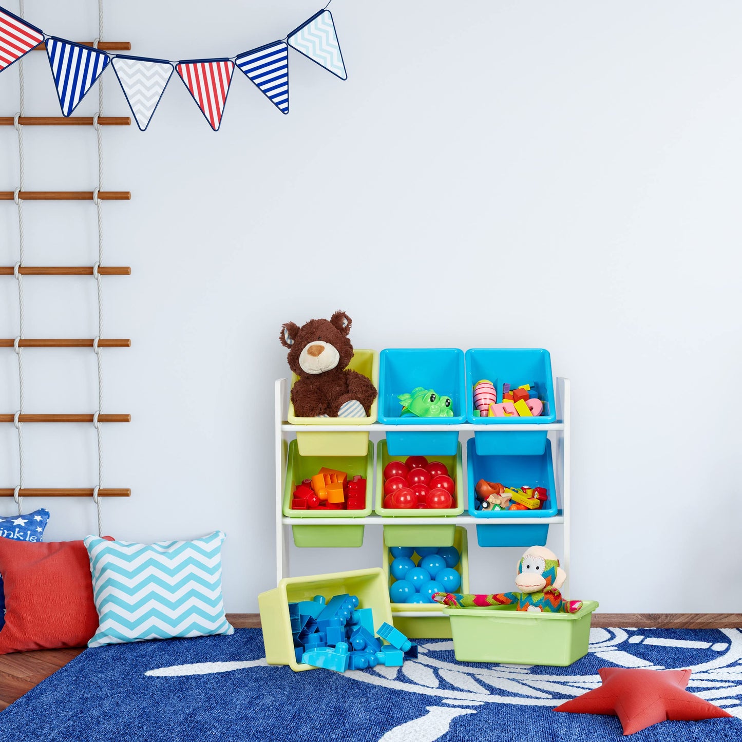 Relaxdays Kinderregal, 9 Aufbewahrungsboxen, Lagerfeuer Motiv, MDF, Kunststoff, Spielzeugregal HBT: 67x65x31,5 cm, bunt