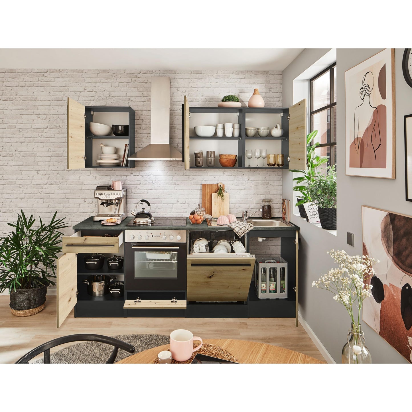 Jazz 8 Modern Kitchen Unit without Electrical Appliances in Anthracite, Artisan Oak Look, Spacious Fitted Kitchen with Lots of Storage Space, 220 x 211 x 60 cm (W x H x D)
