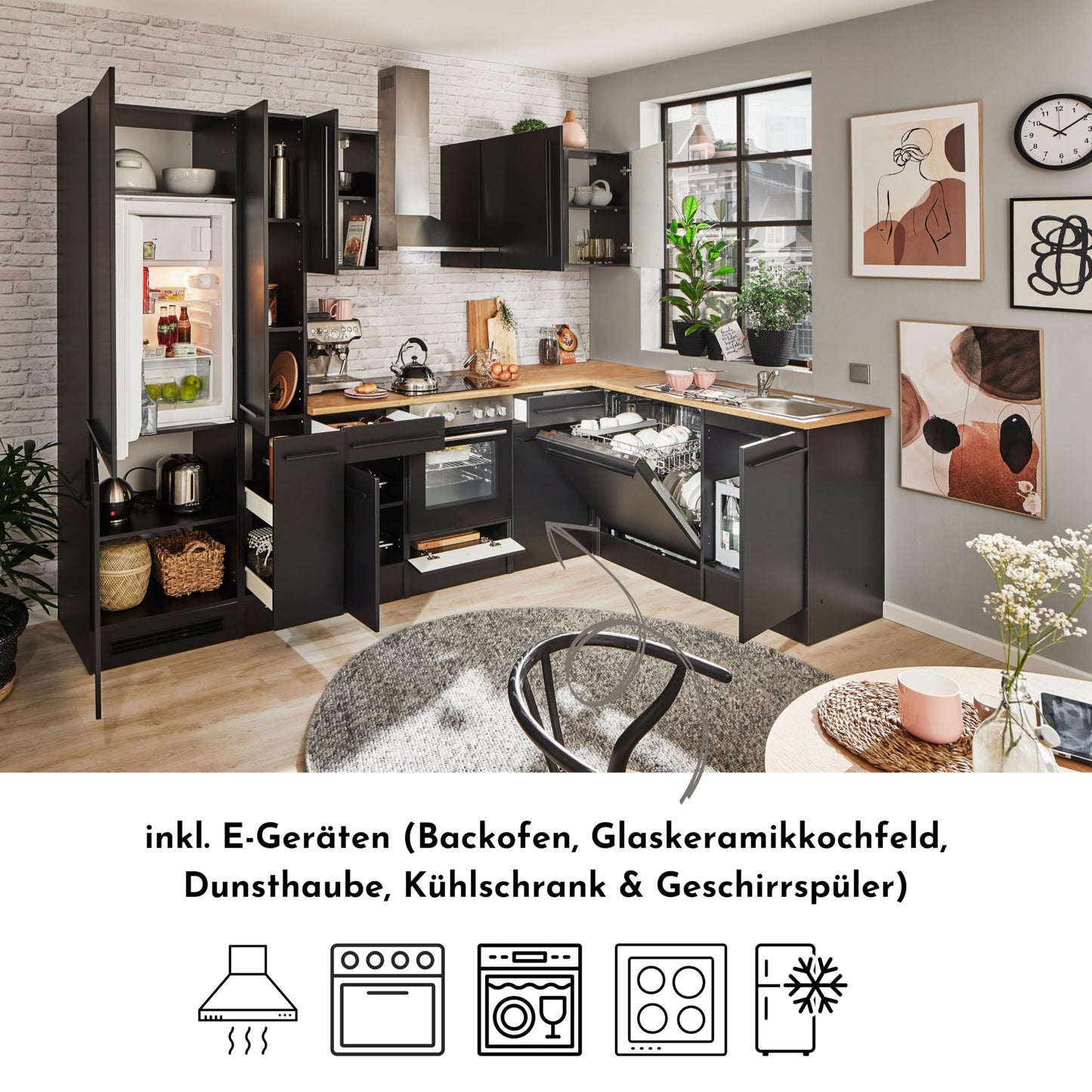 Jazz 8 Modern Corner Kitchen without Electrical Appliances in White High Gloss, Metallic Grey - Spacious Kitchen Unit in L-Shaped with Lots of Storage Space - 220 x 211 x 60 cm (W x H x D)