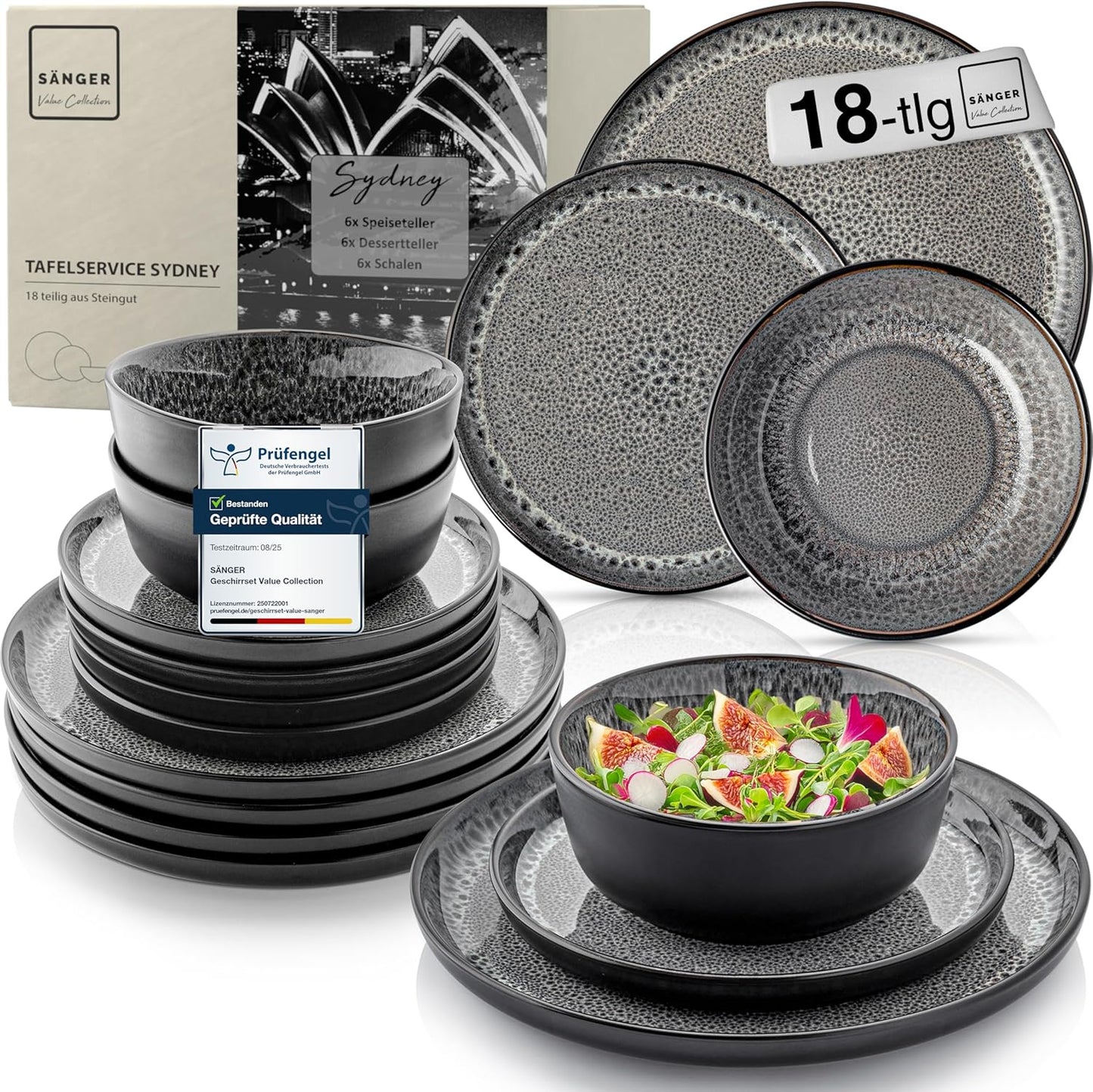 SÄNGER Manila Dinner Service for 6 People, Plate Set, Coffee Mug, Pasta Bowl, 30 Pieces, Stoneware Crockery Set, Dishwasher, Microwave, Scratch-Resistant, Blue with Black Rim, Value Collection