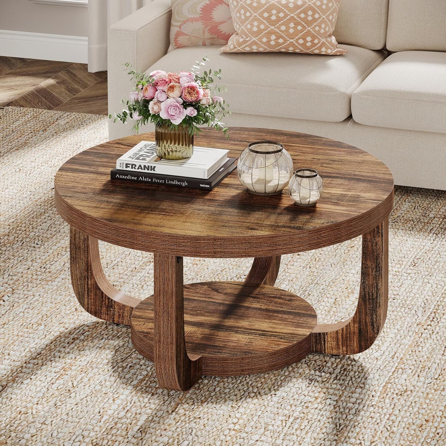 Tribesigns Round Coffee Table, 2-Tier Round Coffee Table with Storage Space, 80cm Modern Wooden Accent Table for Living Room, Thick Table Top and Base, Rustic Brown