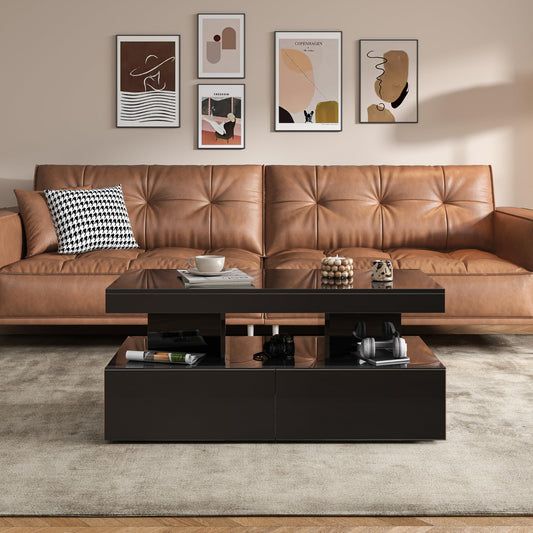 Coffee Table with LED Lighting, High Gloss Living Room Table with 2 Silent Drawers and Open Compartment, Elegant Side Table for Living Room and Office (White)