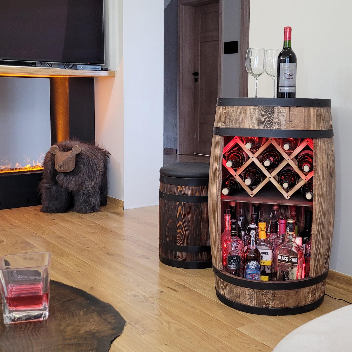 weeco Wooden Barrel with Wine Holder RGB LED Lighting - Wine Rack - Rustic Decorative Bar Cabinet Wine Stand - Draught Beer, Whisky Bar Bottle Stand. Home Bar Gift for Men (Dark Brown)