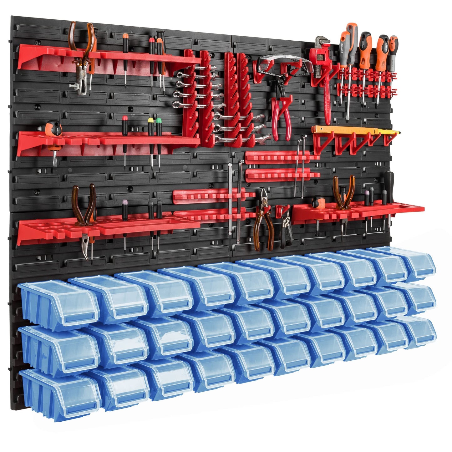 Storage System Wall Shelf 115 x 78 cm, Tool Holders, 23 Pieces Stacking Boxes Storage Boxes Extra Strong Wall Shelves Expandable Workshop Shelving Workshop Shelf