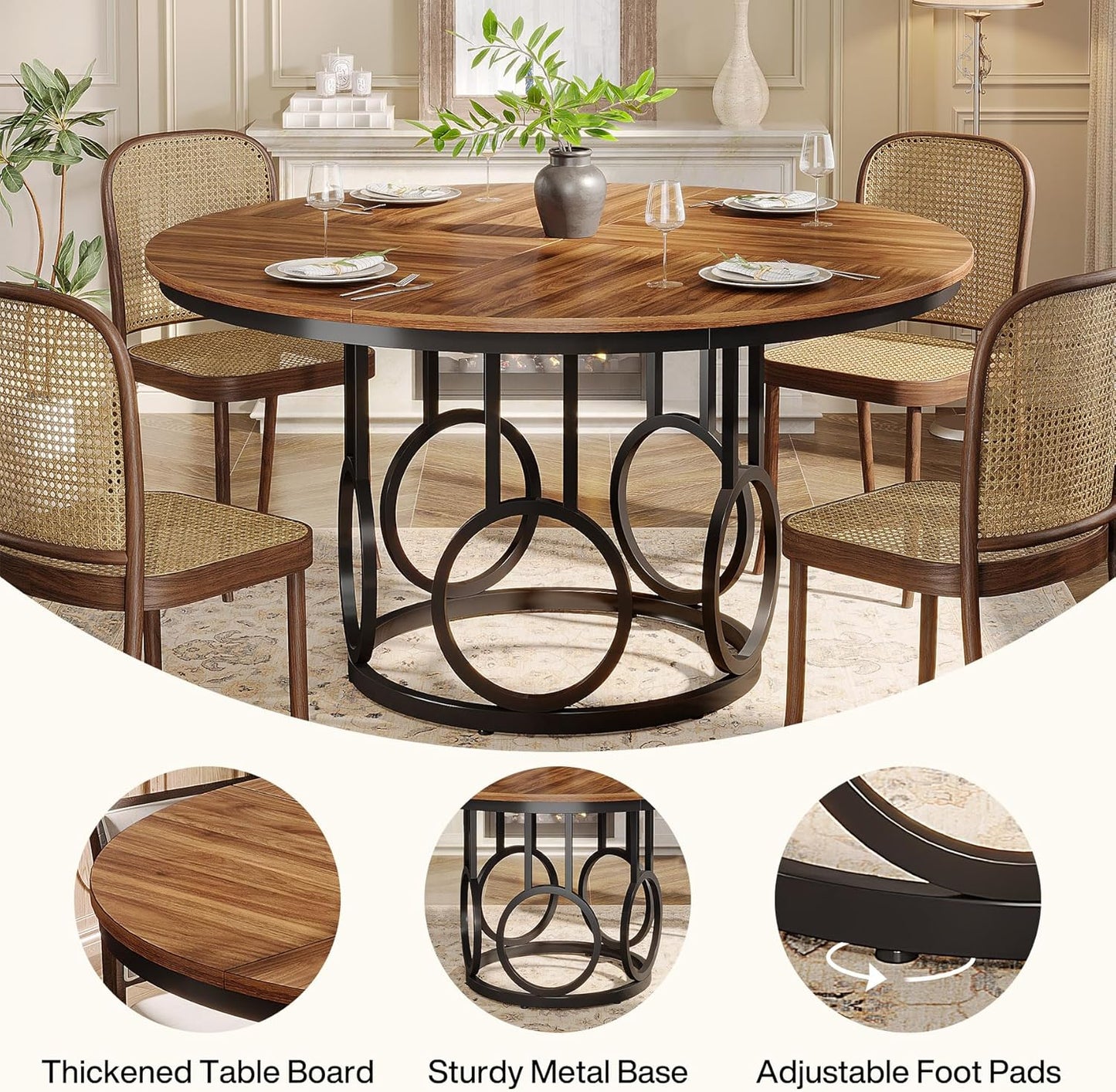 Tribesigns Round Dining Table 47 Inch Wooden Kitchen Table with Sturdy Metal Base for 4-6 People Large Round Dining Table for Dining Room Kitchen Living Room (Brown & Black, Desk Only)