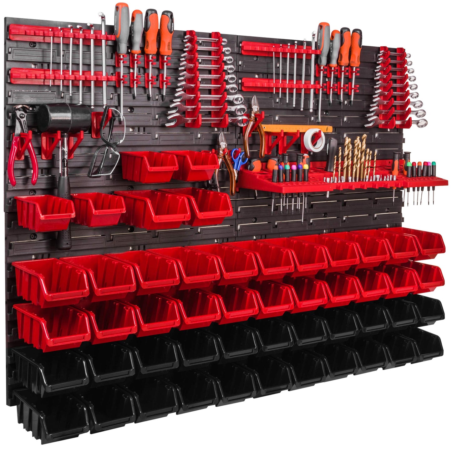 Storage System Wall Shelf 115 x 78 cm, Tool Holders, Pack of 56 Stacking Boxes, Storage Boxes, Extra Strong Wall Plates, Shelf Expandable, Workshop Shelf, Storage Shelf, Workshop Wall Shelf