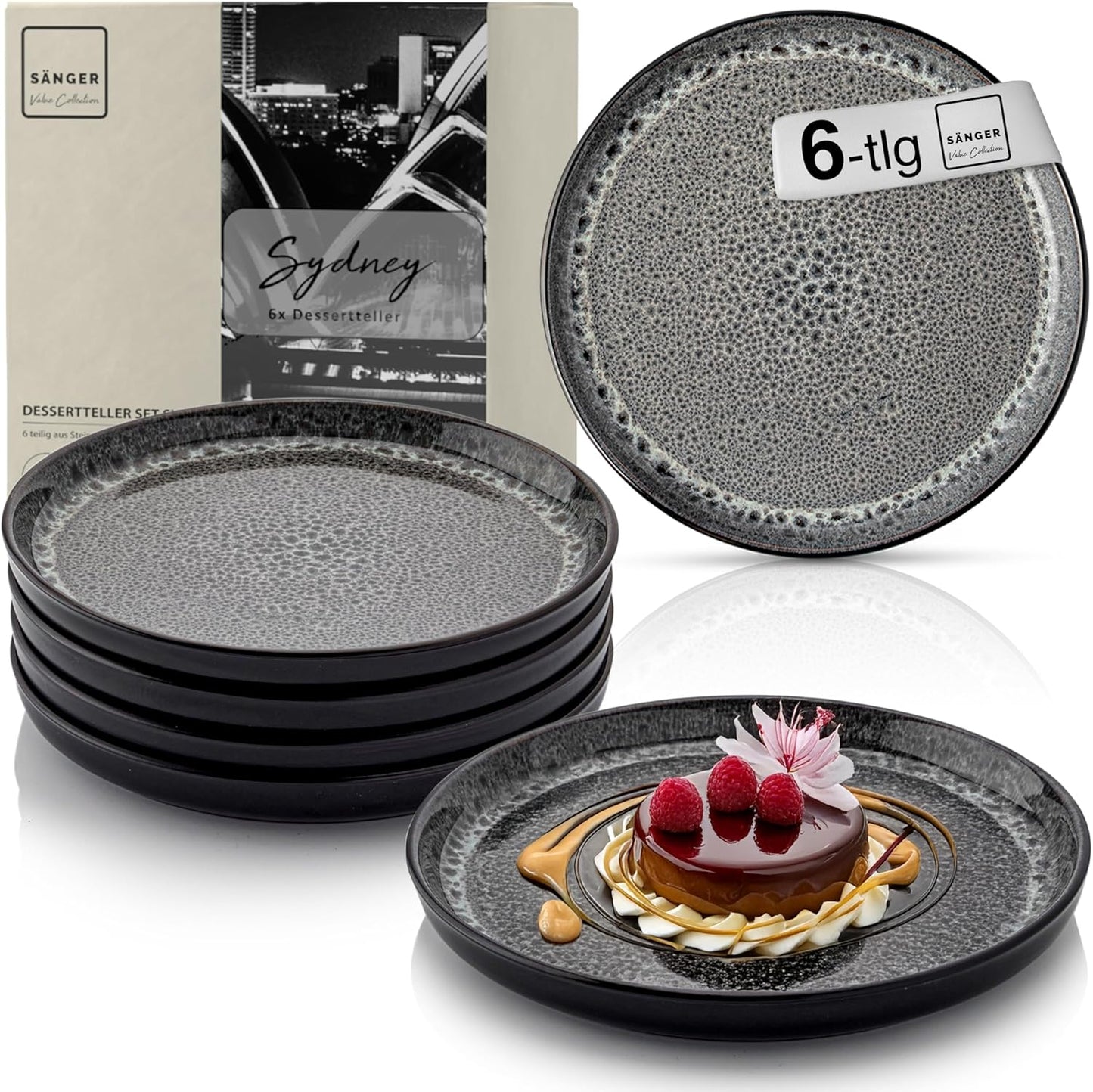 SÄNGER Manila Dinner Service for 6 People, Plate Set, Coffee Mug, Pasta Bowl, 30 Pieces, Stoneware Crockery Set, Dishwasher, Microwave, Scratch-Resistant, Blue with Black Rim, Value Collection