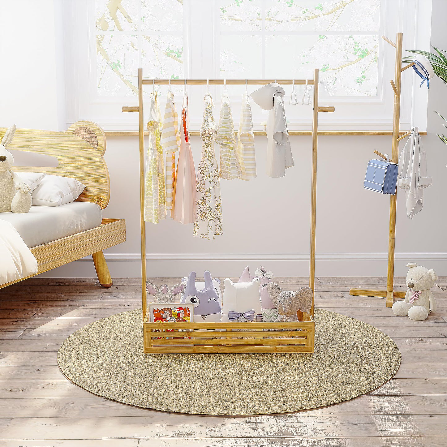 Baby Clothes Rack for Toddlers, Pet Clothes Rack with Storage Box & Adjustable Clothes Rail for Dogs/Cats, Baby Shower Wardrobe with Handle for Children's Room