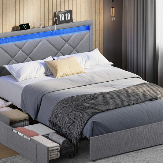 VASAGLE Double Bed Frame - Fits 140 x 200 cm Mattress - LED Metal Bed - 4 Drawers - Charging Station - Adjustable Padded Headboard - Slate Grey RMB827G02