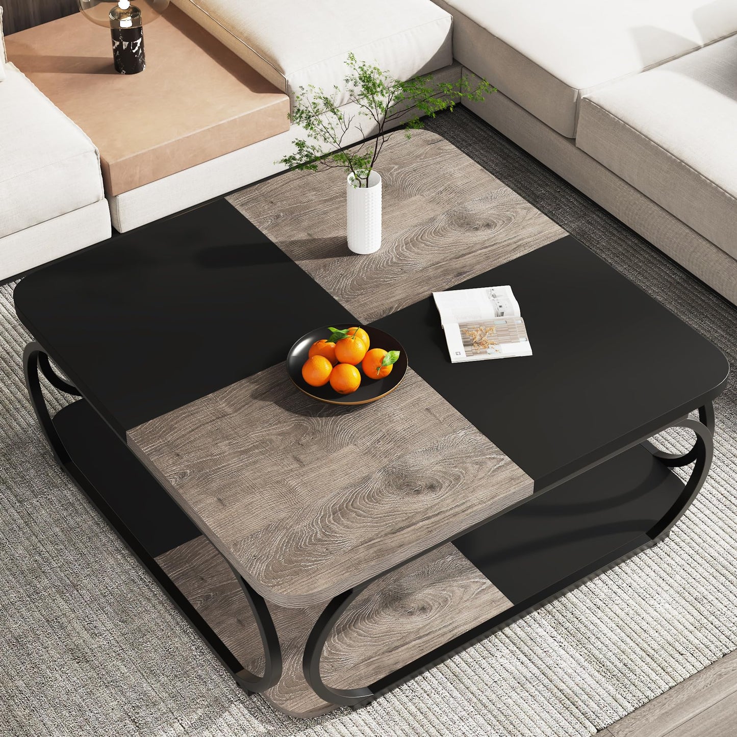 Tribesigns Square Coffee Table for Living Room, 100 x 100 x 50 cm, Wood Composite Coffee Table, Low Living Room Table for Modern Living Room, Rustic Brown, Black