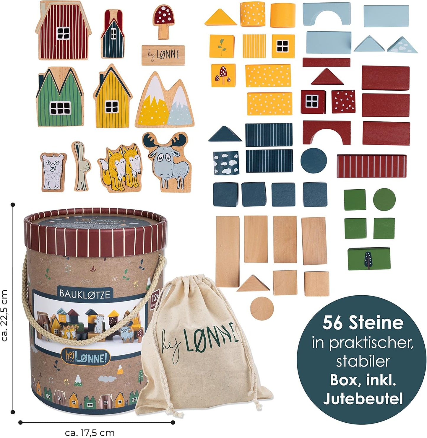 HEJ LØNNE Children's 56-Piece Wooden Building Blocks Set in Box, Motor Skills Toys, Wooden Toys for Children from 1 Year