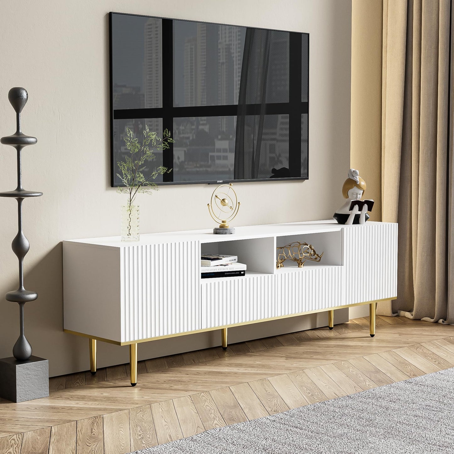 170 cm TV Cabinet with Textured Doors, TV Board with 4 Drawers, TV Cabinet with Oven Compartments, TV Cabinet for Living Room, TV Lowboard, Golden Handles and Feet, White