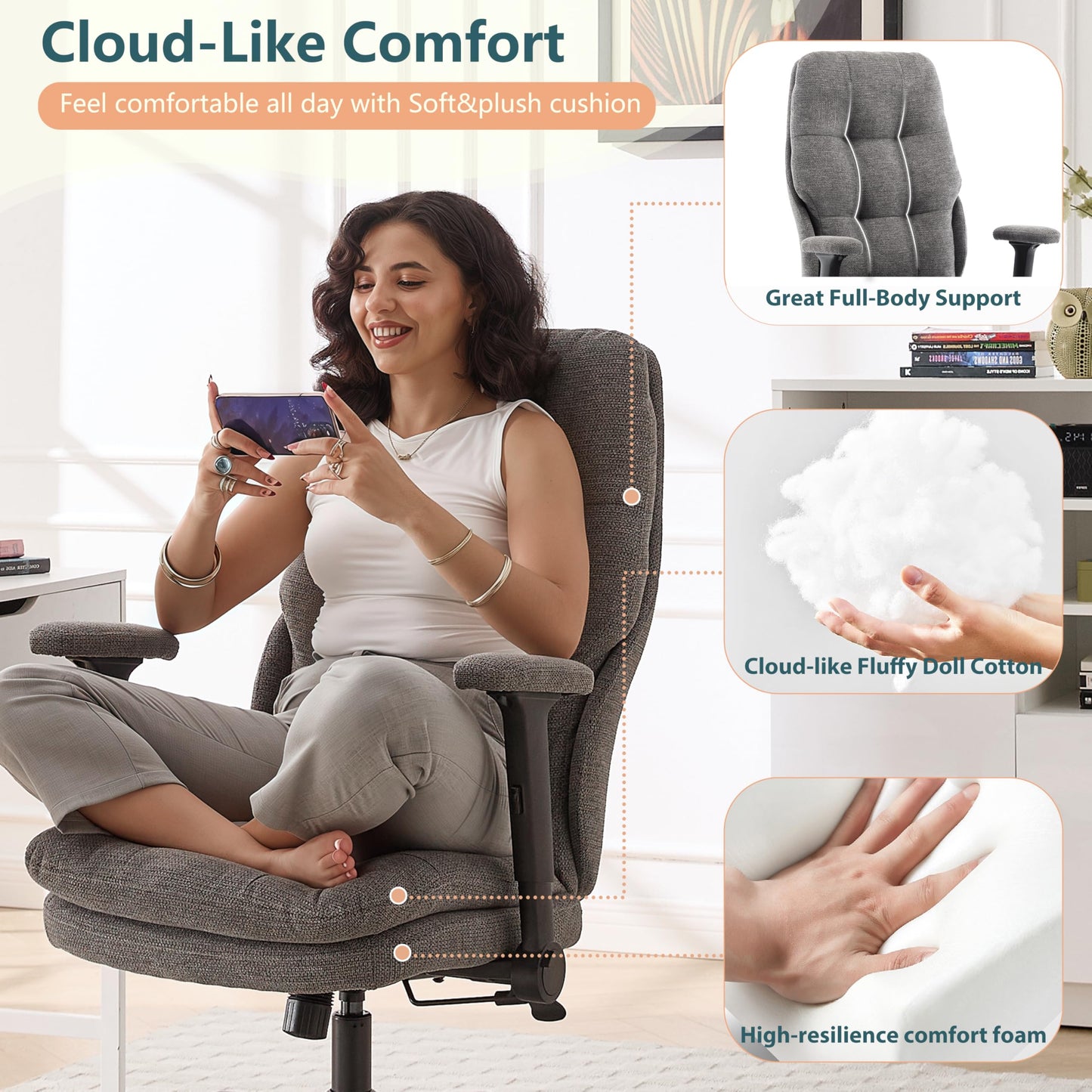 Fizzin Ergonomic Office Chair Office Executive Chair with High Back and Double Cushion Armrests, Reversible, Height-Adjustable Computer Chair (Beige)