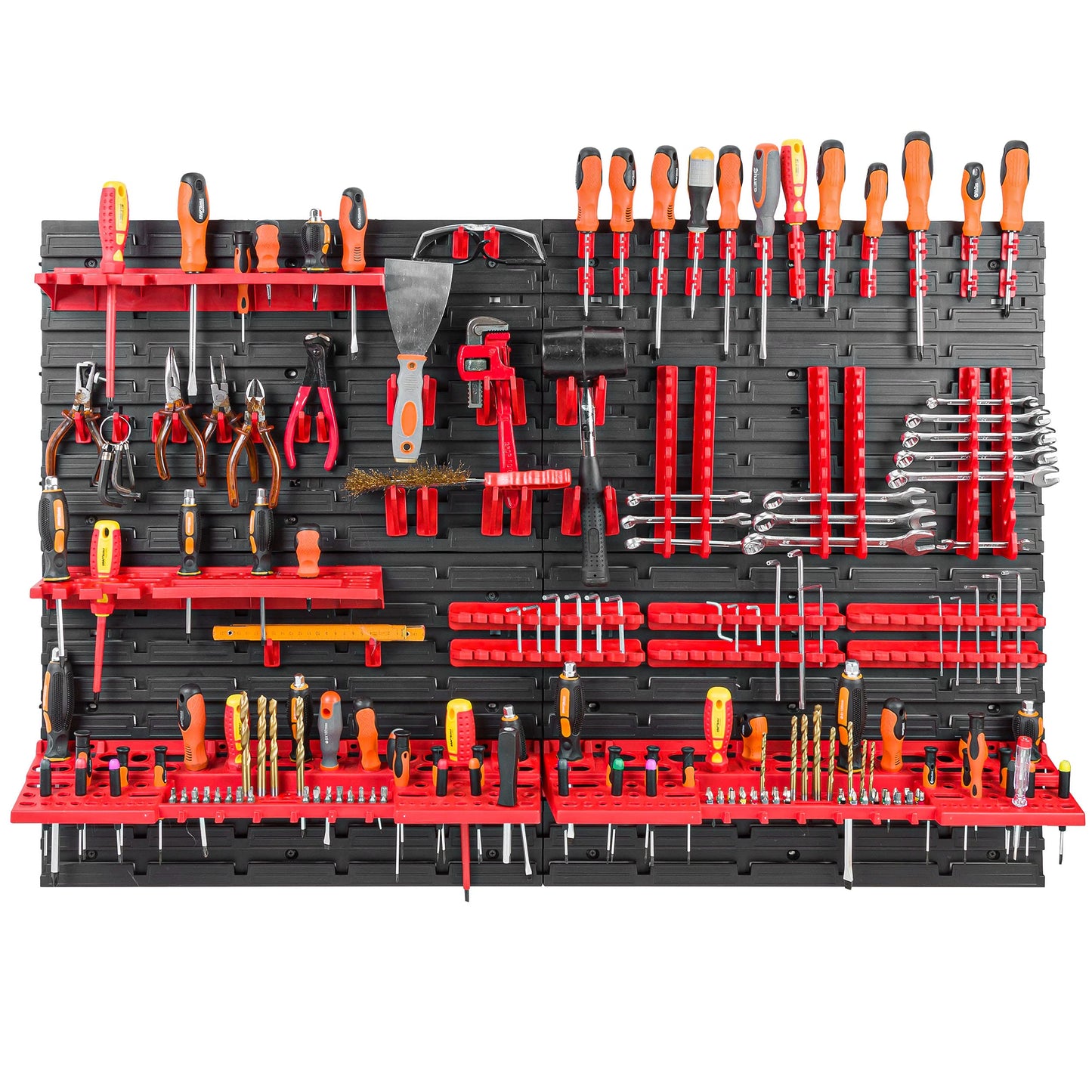 Storage System Wall Shelf 230 x 78 cm, Tool Holders, 46 Pieces Stacking Boxes, Storage Shelves, Storage Boxes, Extra-Strong Wall Shelves, Expandable Workshop Shelving, Workshop Shelves