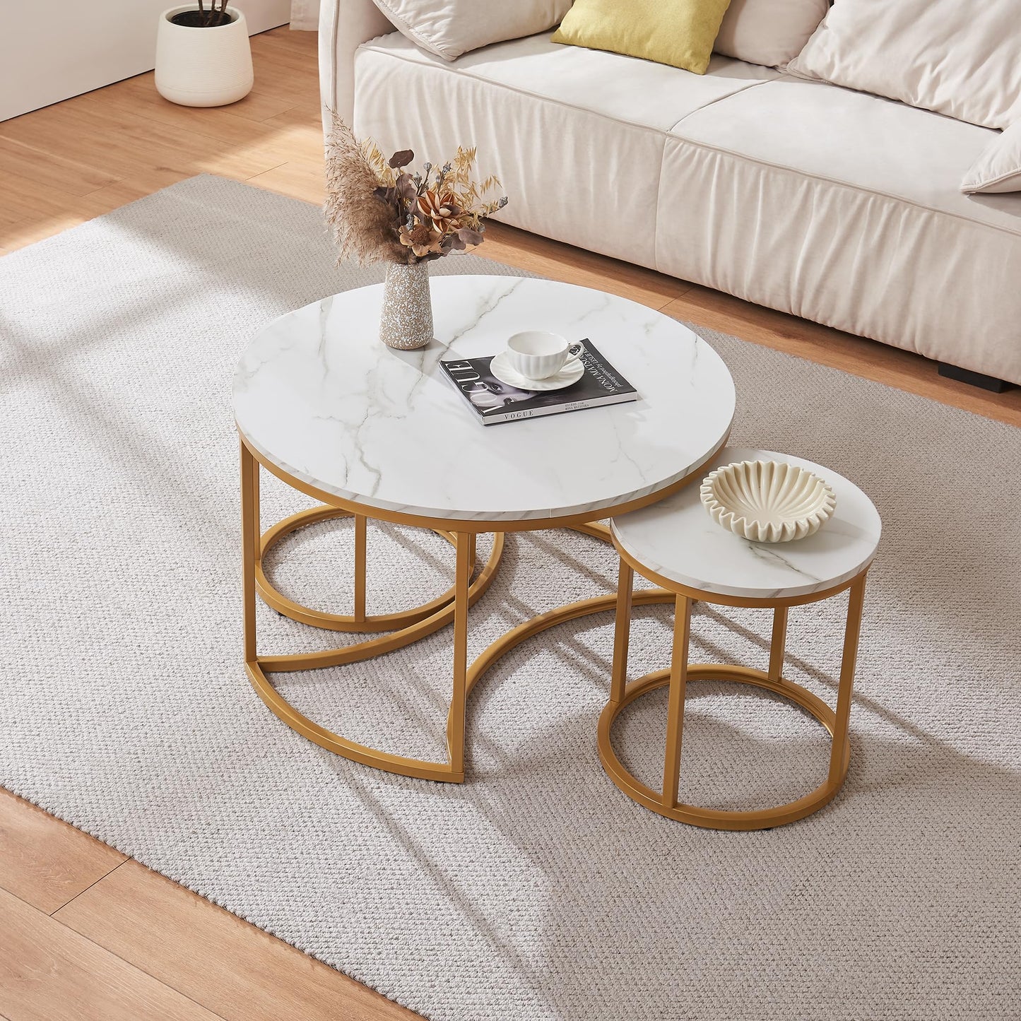 [en.casa] Christchurch Coffee Table, Set of 3, Round Sofa Table, Side Table with Metal Frame, Coffee Table, Marble Look, White/Gold