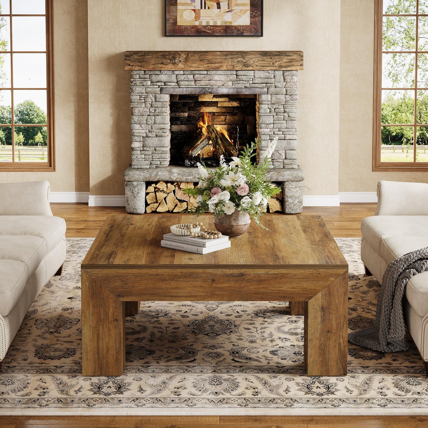 Tribesigns Coffee Table, Square Living Room Table, Coffee Table with Sturdy Wooden Feet for Couch Bedroom, 100 x 100 x 50 cm, Rustic Brown