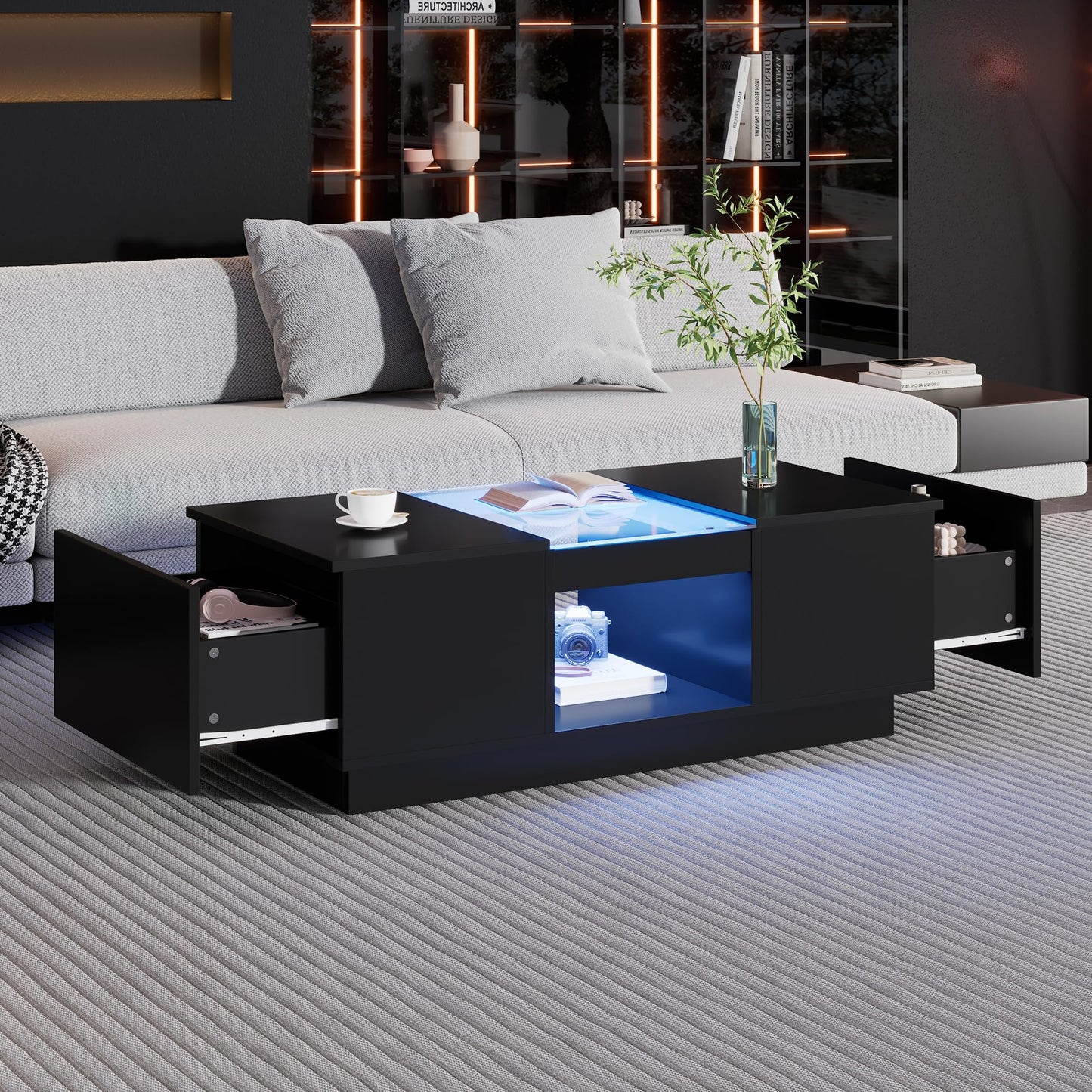 Merax Coffee Table LED High Gloss Middle Table Tea Table for Living Room Black Living Room Table with 2 Drawers and Open Compartment, Rectangular Side Table Sofa Table Coffee Table for Bedroom Office