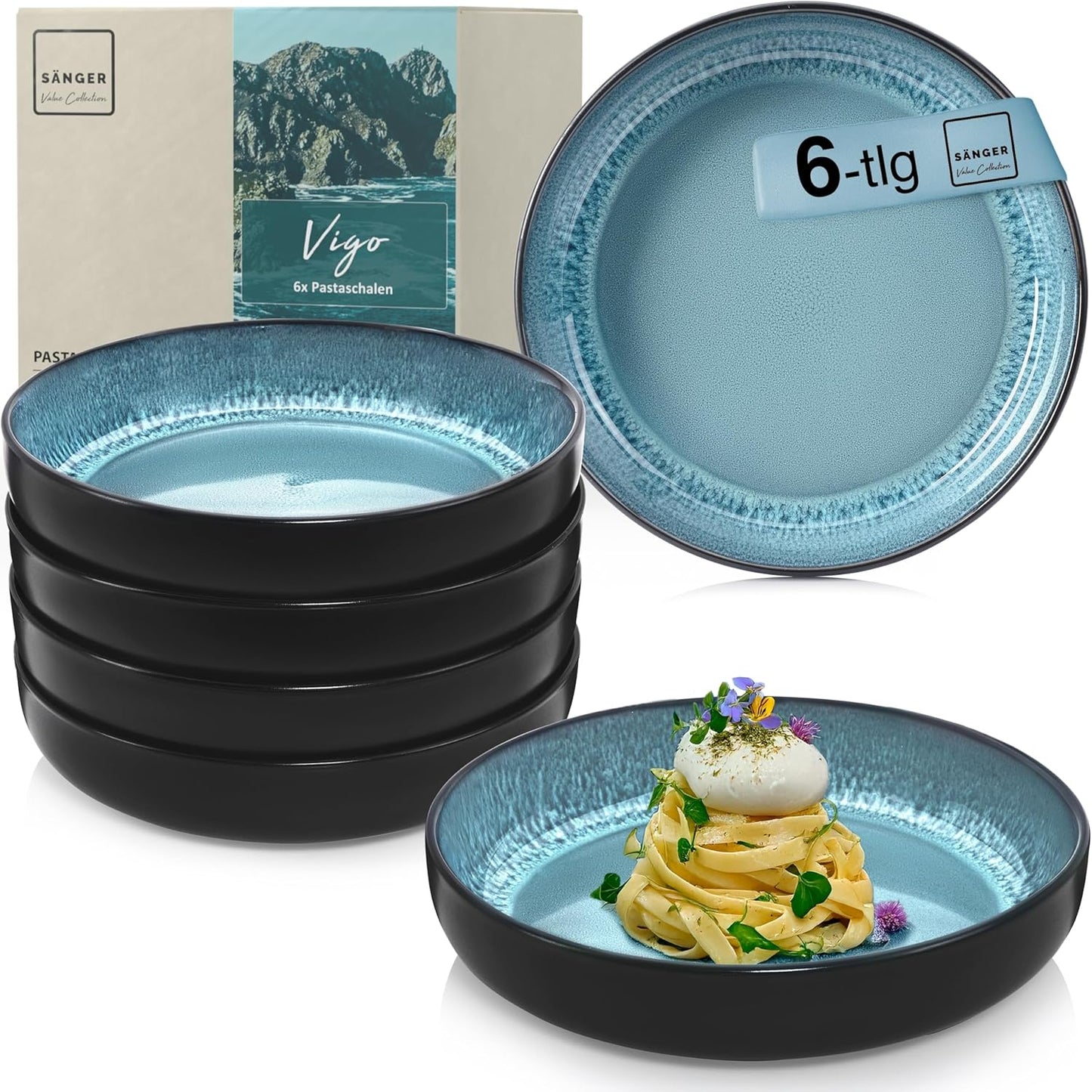 SÄNGER Manila Dinner Service for 6 People, Plate Set, Coffee Mug, Pasta Bowl, 30 Pieces, Stoneware Crockery Set, Dishwasher, Microwave, Scratch-Resistant, Blue with Black Rim, Value Collection