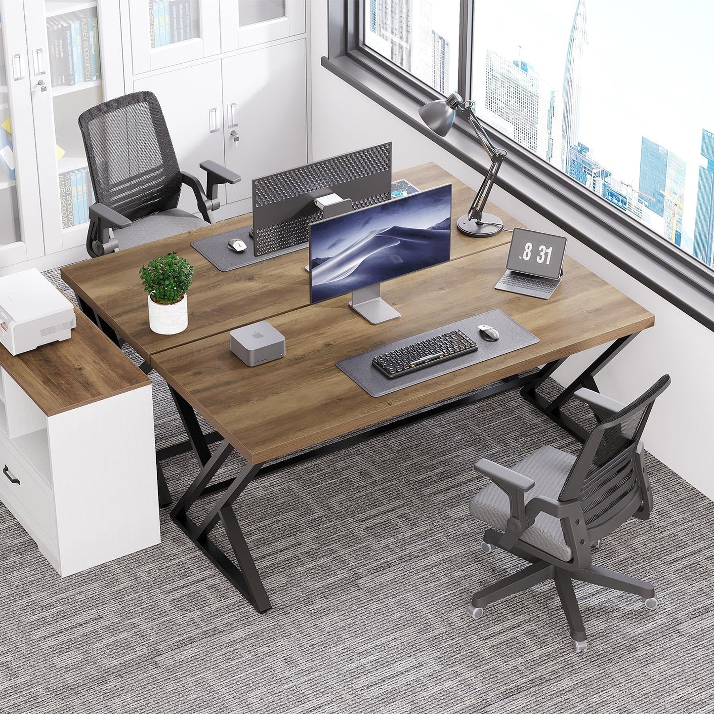 LVB Modern Computer Desk Industrial Home Office with Storage Space Metal Wood Desk Study Computer Desk for Bedroom Simple Gaming Desk Rustic Brown