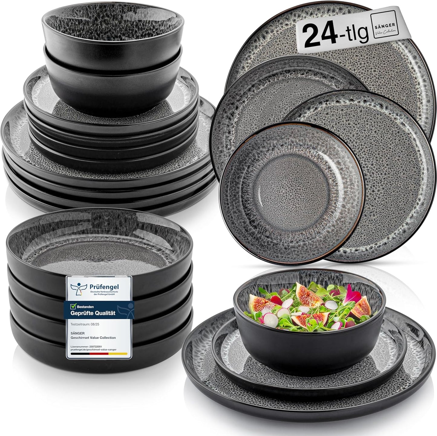 SÄNGER Manila Dinner Service for 6 People, Plate Set, Coffee Mug, Pasta Bowl, 30 Pieces, Stoneware Crockery Set, Dishwasher, Microwave, Scratch-Resistant, Blue with Black Rim, Value Collection