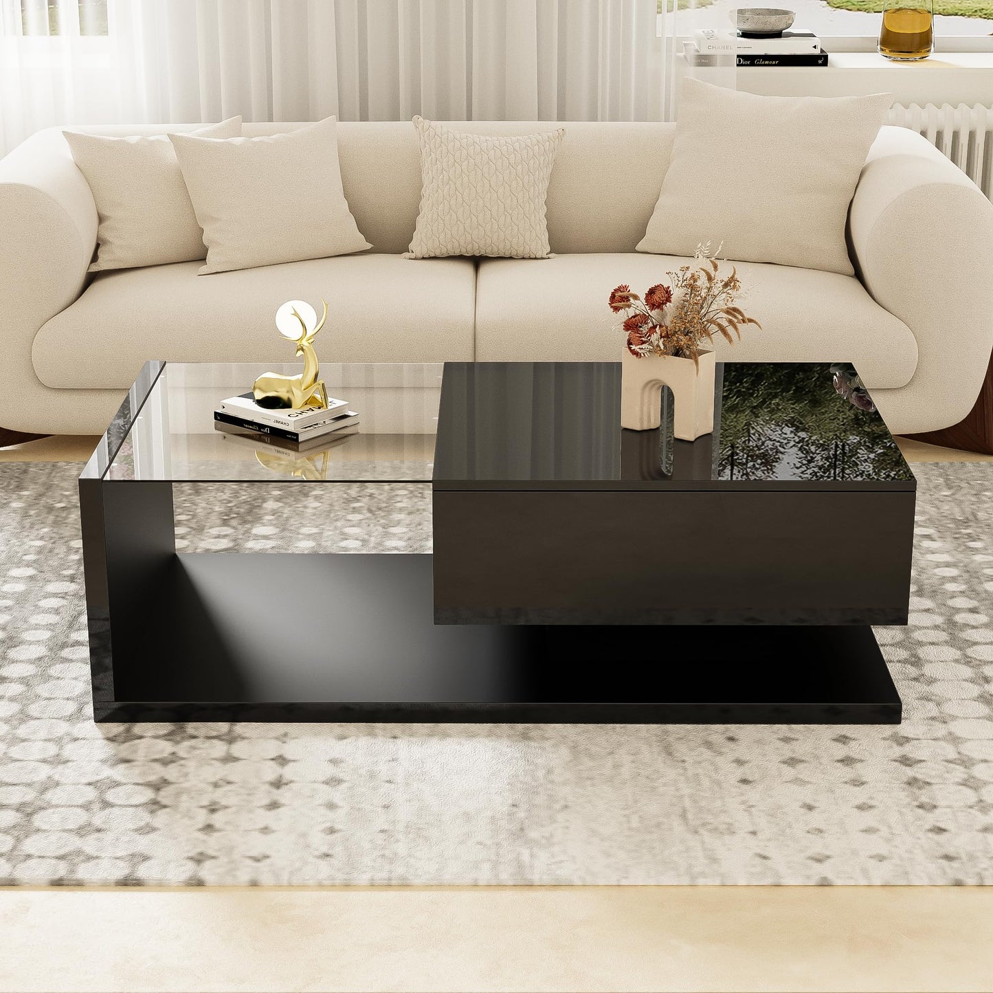 Soweiz Coffee Table, High Gloss, Side Tables, Coffee Tables with Glass and LED Effect, Sturdy Construction (105 x 55 x 32.5 cm) (Black)
