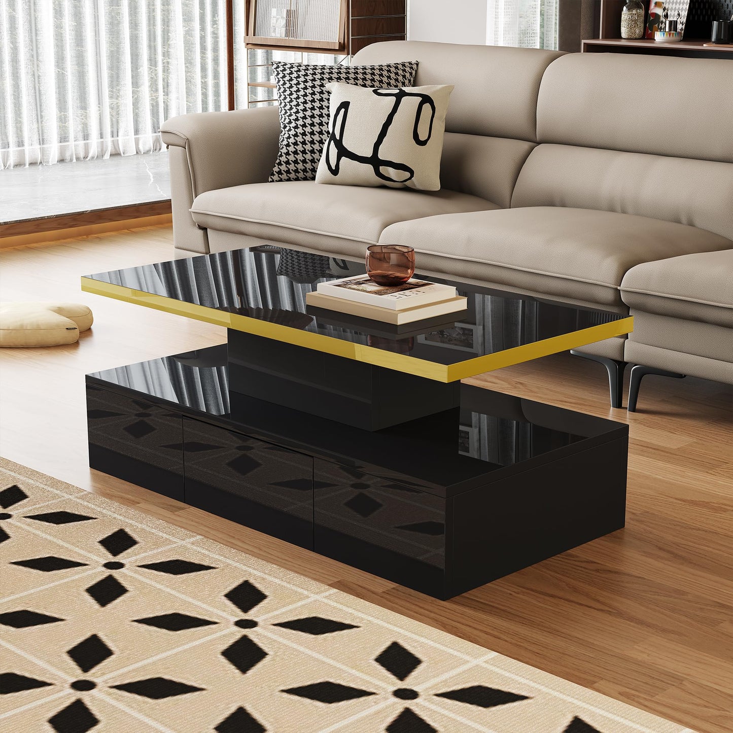Merax High Gloss Coffee Table with LED, Modern Living Room Table with Storage Drawers, Multifunctional Side Table for Living Room, Rectangular Centre Table, Sofa Table, Coffee Table, Office, Black