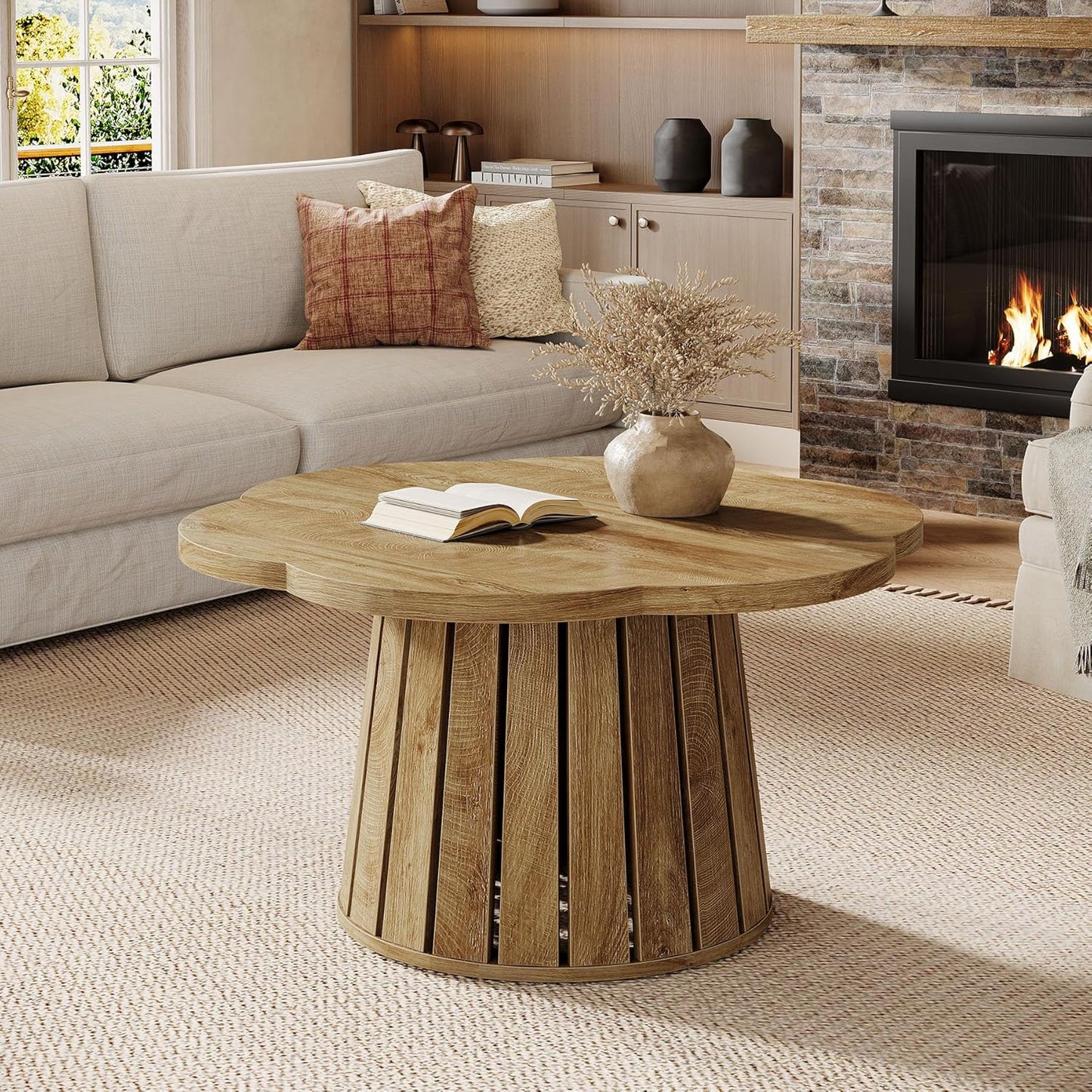 Tribesigns Round Coffee Table 85cm Country Style Living Room Table with Flower Shaped Table Top, Cocktail Table with Wood Accents and Aesthetic Slatted Base Design for Small Spaces, Living Room