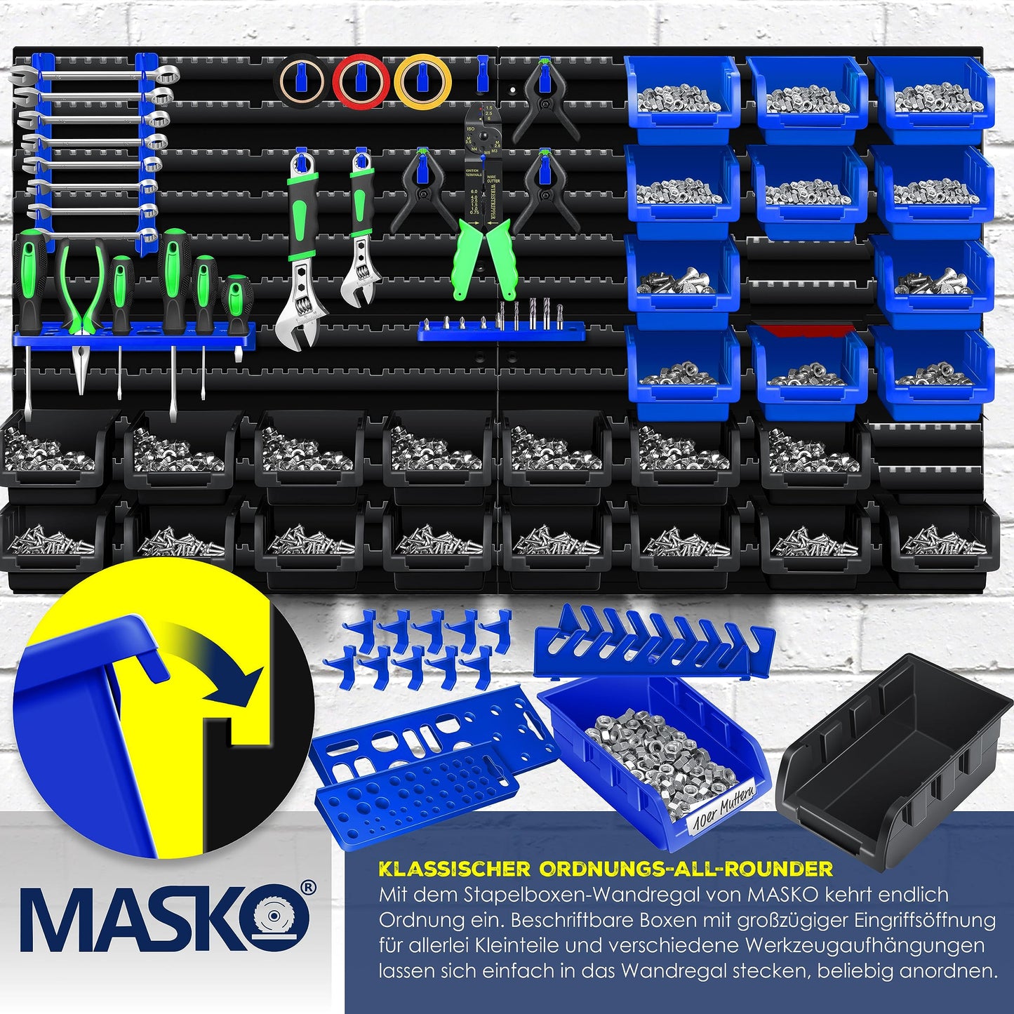 MASKO® Stacking Boxes, Wall Shelf, Tool Holder, 45-Piece Set, Expandable Storage Boxes, Storage Shelves, Boltless Hanging Shelf, Assortment Box, Small Parts Magazine Workshop Shelf, Black/Blue