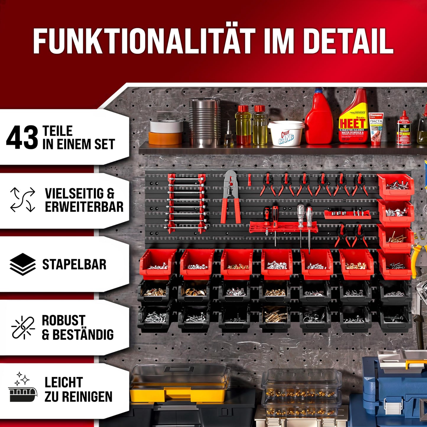 Deuba® Wall Shelf + Stacking Boxes - Extra Strong Wall Panels - Extendable Workshop Shelving