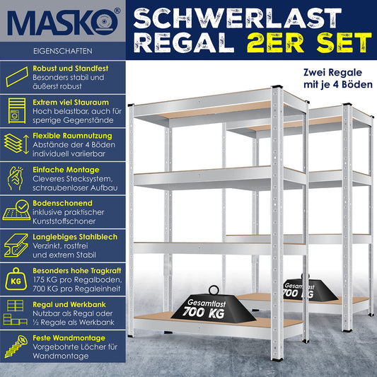 MASKO® Set of 2 Storage Shelves, Heavy Duty Shelves, Basement Shelves, 160 x 80 x 40 cm, Maximum Load 700 kg, 4 Adjustable Shelves, MDF Panels, Boltless Metal Shelf, Workshop, Basement, Garage, Black