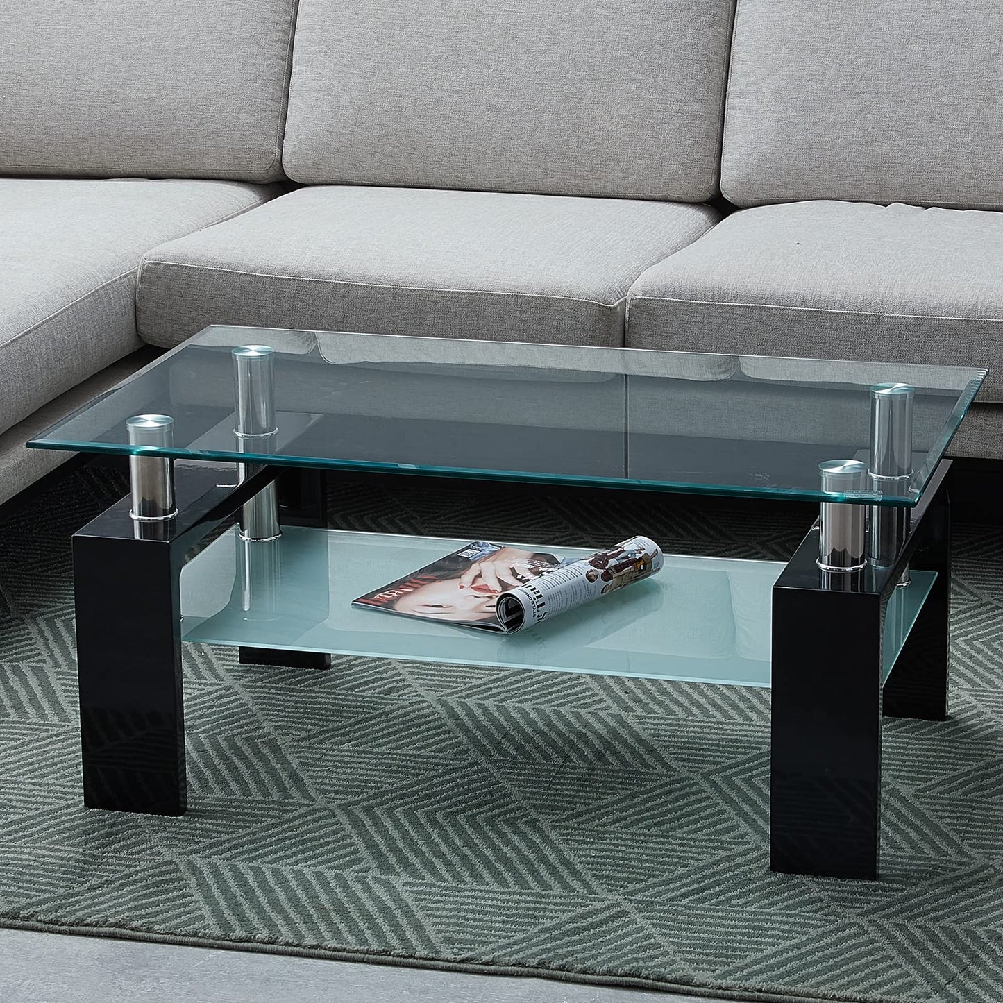 CLIPOP Rectangular Coffee Table Made of Tempered Glass, Living Room Table, Modern Sofa Table with Storage Space, Coffee Table, Glass Table with Lower Shelf for Living Room, Balcony, Bedroom, 100 x 60