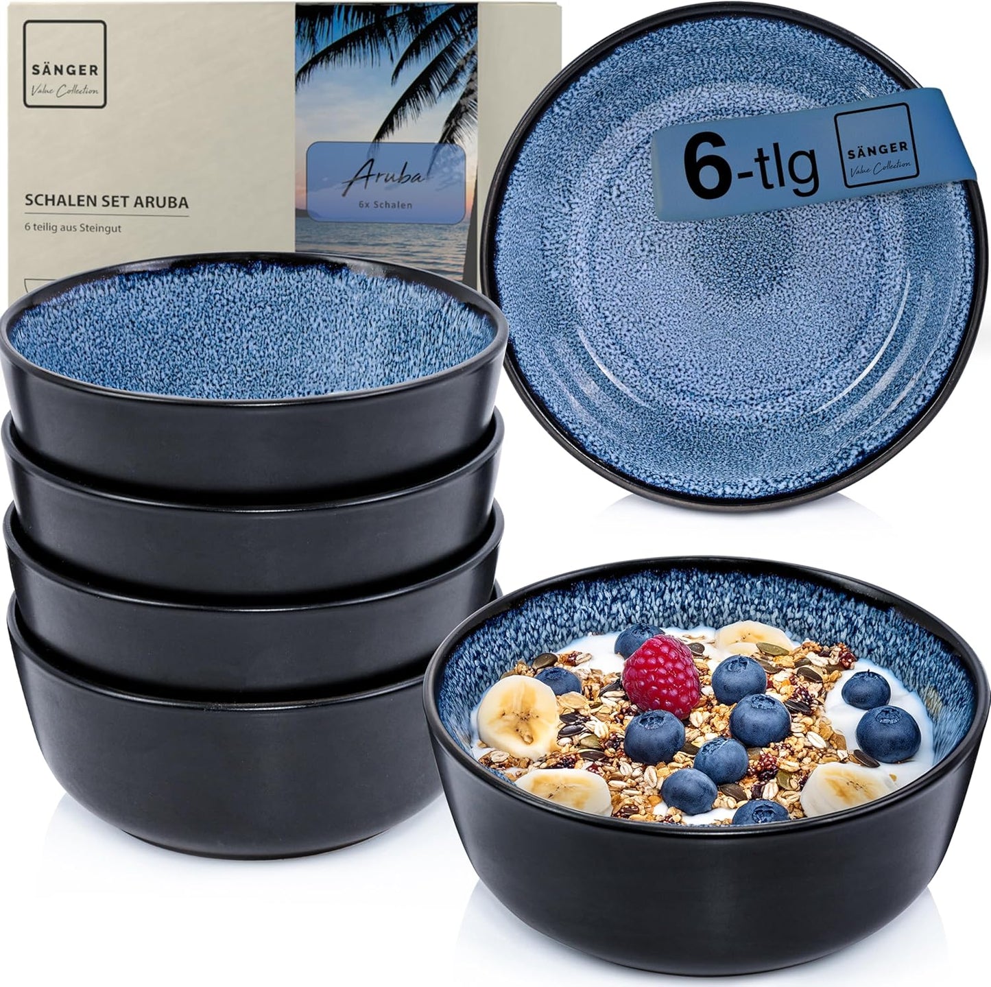 SÄNGER Manila Dinner Service for 6 People, Plate Set, Coffee Mug, Pasta Bowl, 30 Pieces, Stoneware Crockery Set, Dishwasher, Microwave, Scratch-Resistant, Blue with Black Rim, Value Collection