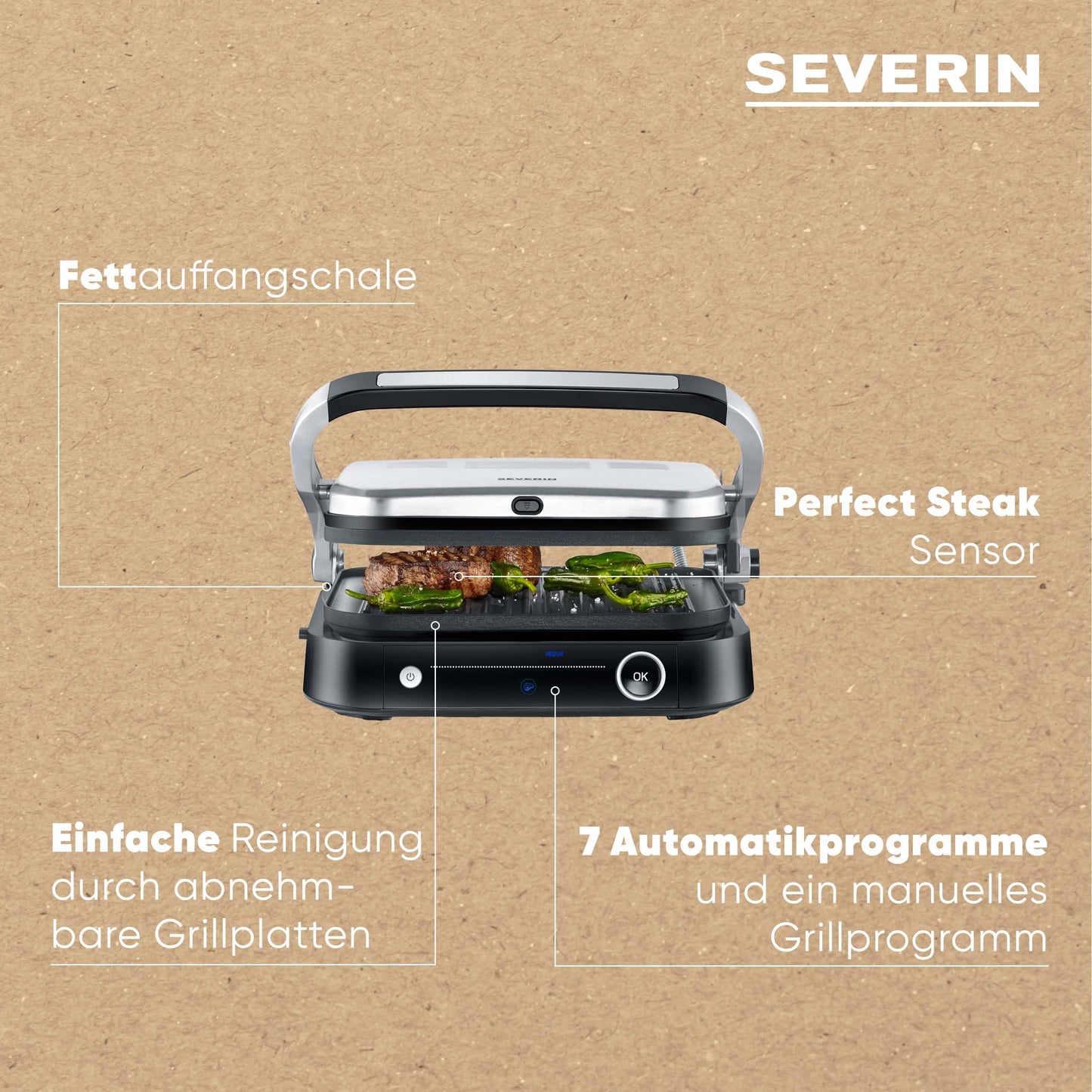SEVERIN Kontaktgrill für Sandwiches, Steak und als Panini Grill, antihaftbeschichteter Sandwich Maker für fettfreies Grillen, 800 W, metallic grau/schwarz, KG 2394