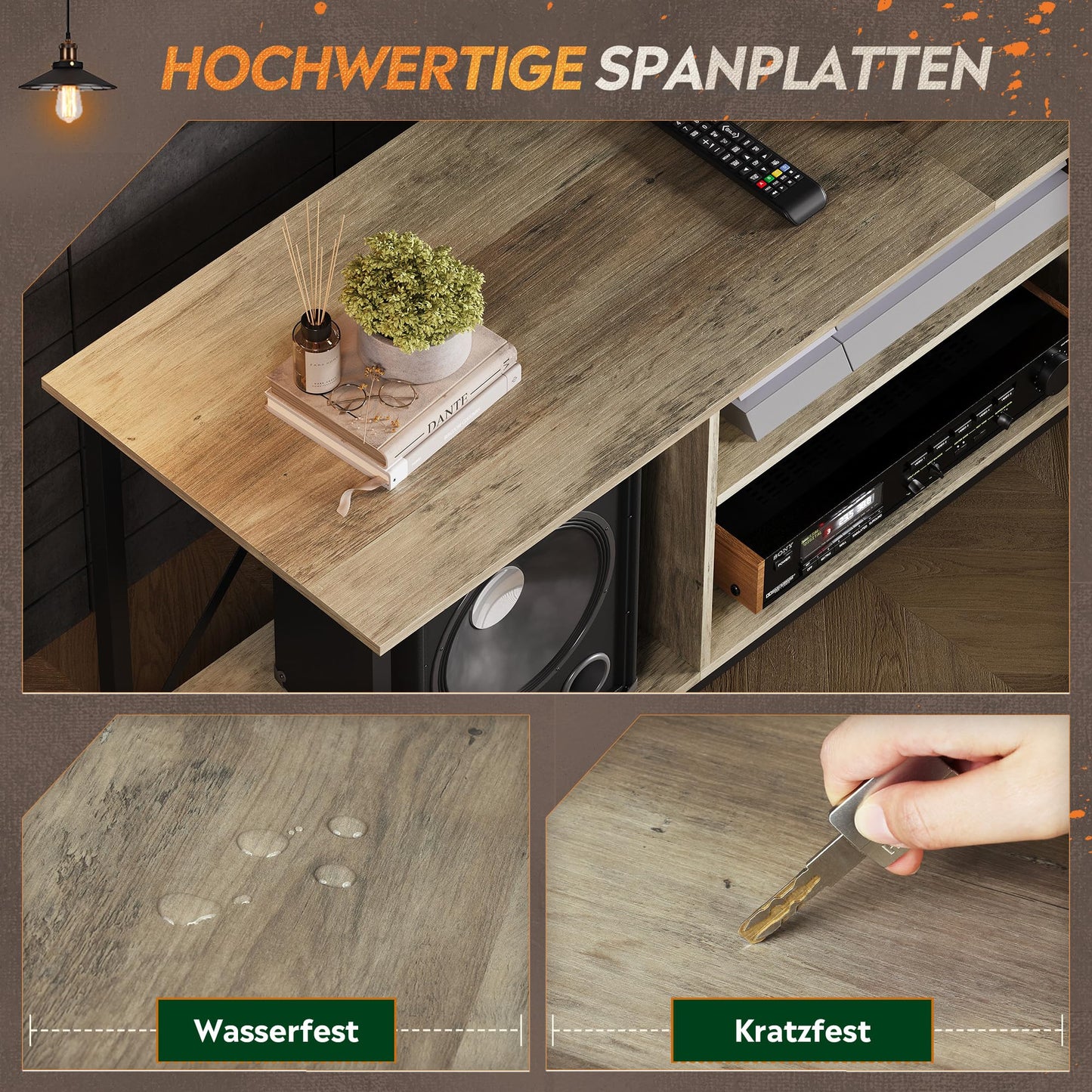 WLIVE TV Schrank, TV Lowboard für Fernseher bis zu 65 Zoll, TV Board Fernsehschrank mit Offenen Stauraum, 140 x 40 x 49 cm, Fernsehtisch für Wohnzimmer und Schlafzimmer, Vintagebraun-Schwarz