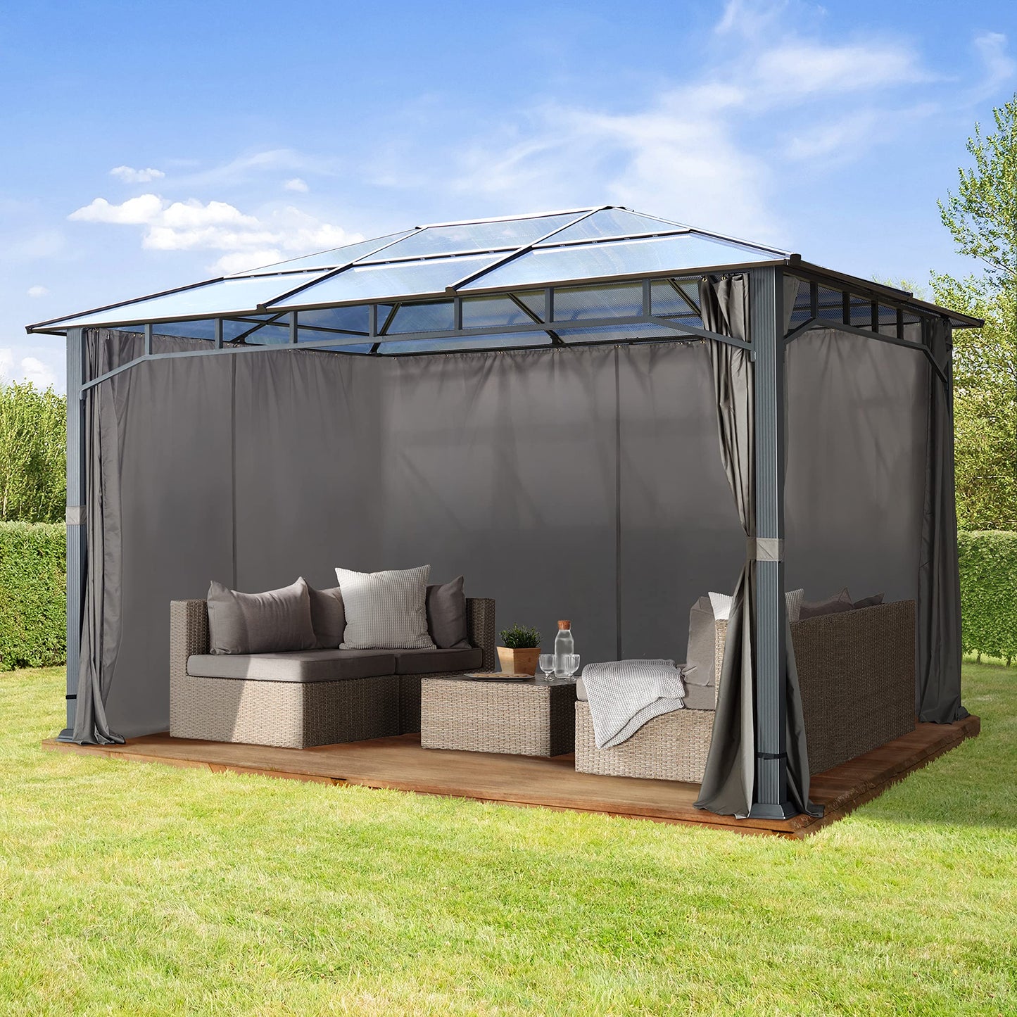 Toolport Garden Gazebo, 3 x 4 m, Waterproof, Aluminium, Deluxe, Polycarbonate Roof Approx. 8 mm, Gazebo with 4 Side Panels, Party Tent, Grey, 9 x 9 cm Profile