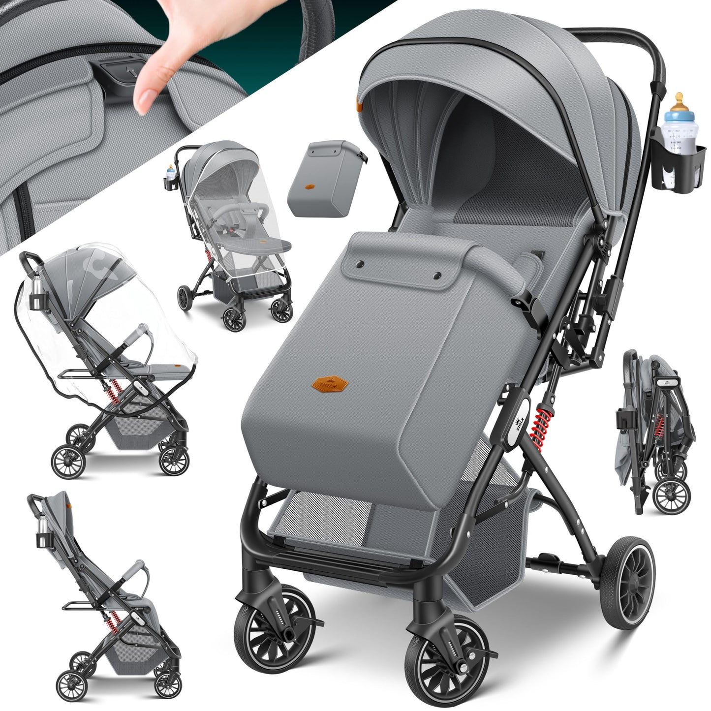 KIDIZ® Folding Pushchair Pushchair Pushchair Sports Pram Foldable 360° Wheels 5-Point Strap Including Footmuff, Drink Holder, Rain Cover & Mosquito Net Adjustable Backrest & Sun Canopy