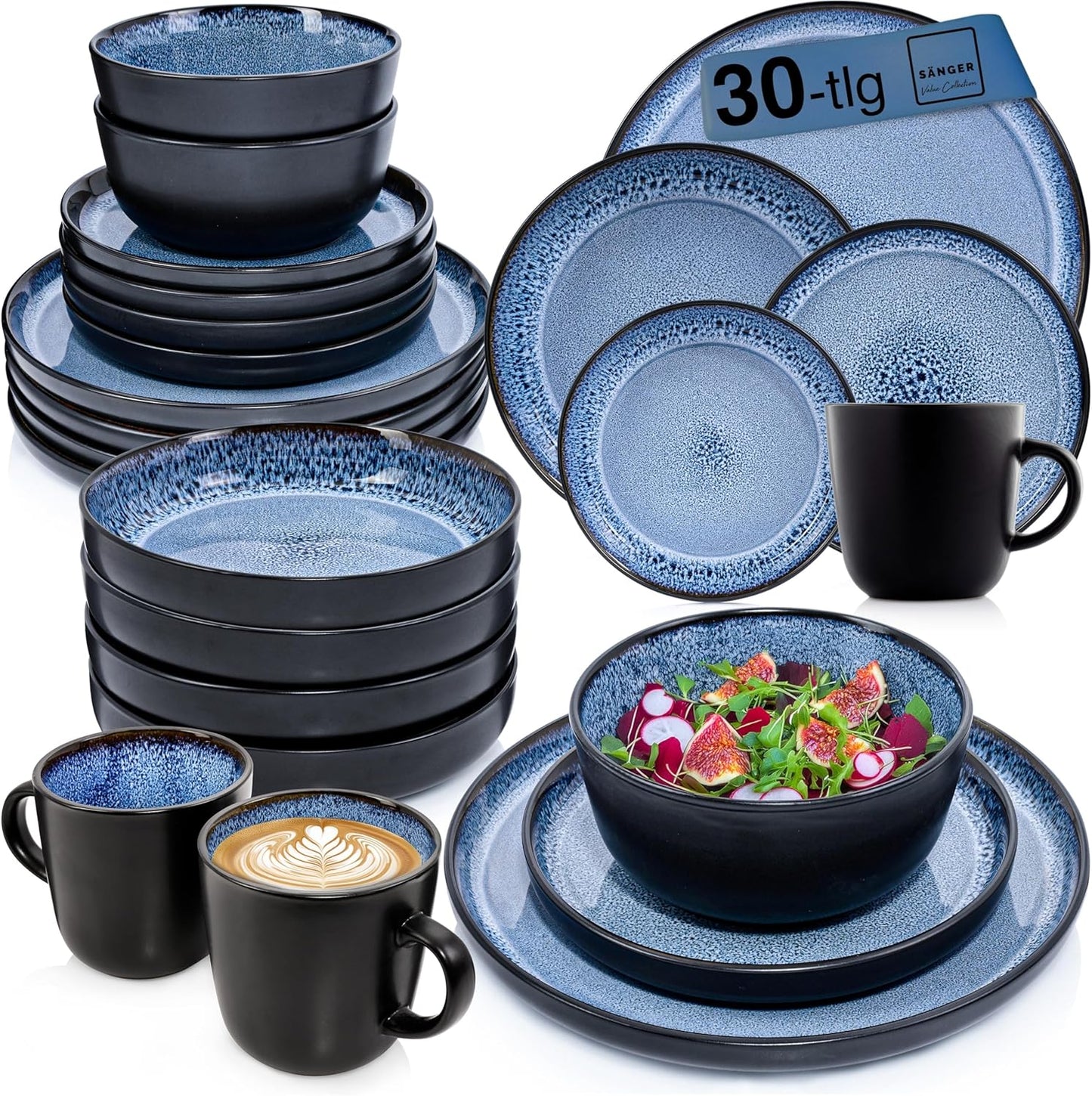 SÄNGER Manila Dinner Service for 6 People, Plate Set, Coffee Mug, Pasta Bowl, 30 Pieces, Stoneware Crockery Set, Dishwasher, Microwave, Scratch-Resistant, Blue with Black Rim, Value Collection