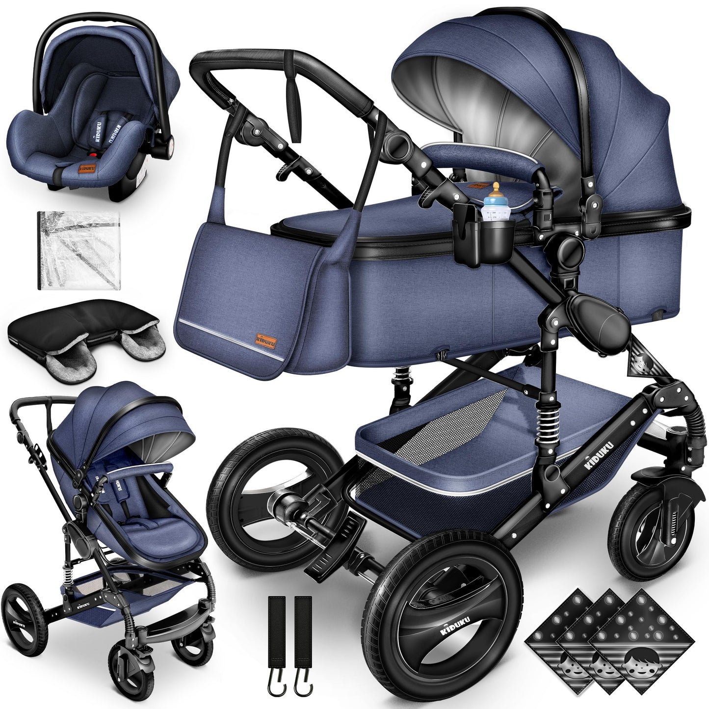 KIDUKU® 3-in-1 Complete Pram Set incl. Baby Carrycot, Buggy, Sports Seat & Car Seat, Footmuff, Solid Rubber Tyres, Changing Bag, Hand Warmer, Rain Cover, Children's Tray, ECE R129